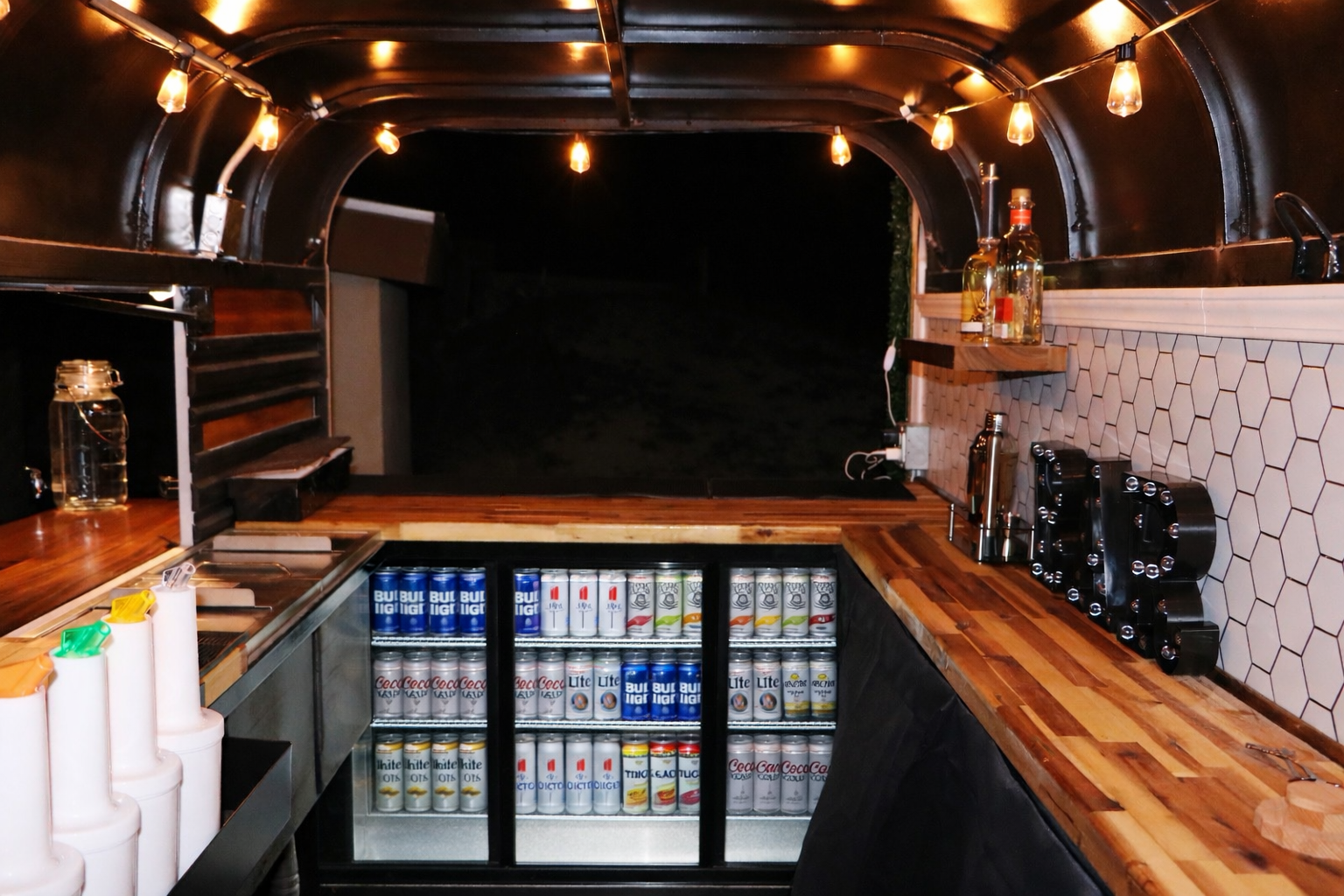 Inside look at traveling bar trailer for weddings and parties in New Braunfels, Texas