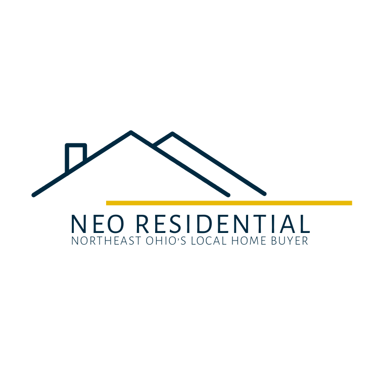 Logo for Neo Residential featuring a simplified house with a roof outline, a chimney, and the text 'Neo Residential' with the tagline 'Northeast Ohio's Local Home Buyer'.