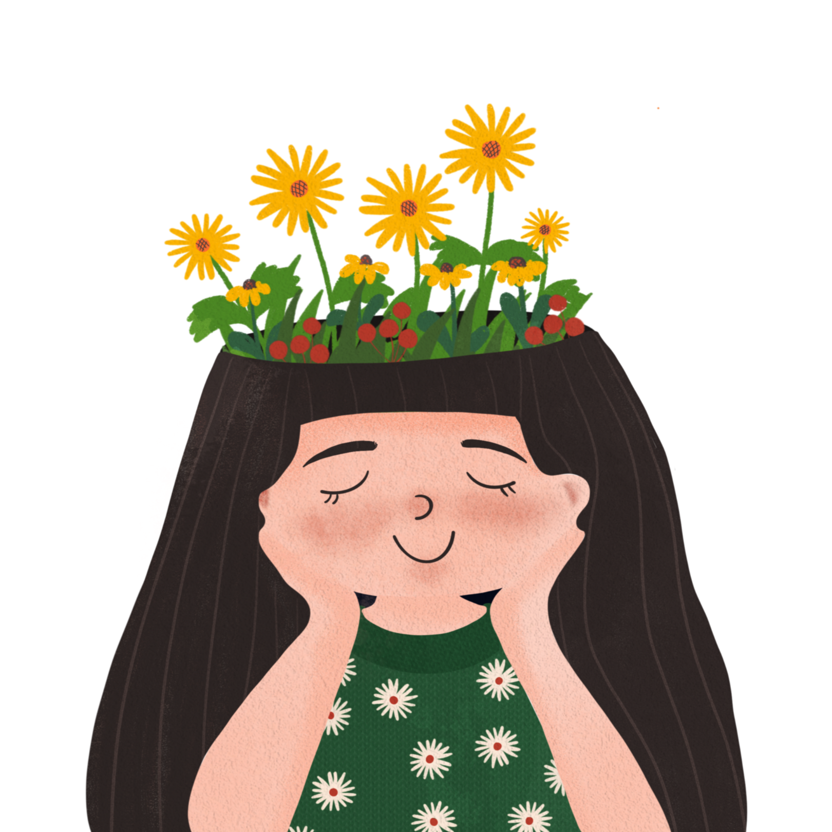 A girl with long dark hair, wearing a green dress with white daisies, smiling with her eyes closed and hands resting on her cheeks. The top of her head is open, revealing a garden of colorful flowers growing inside.