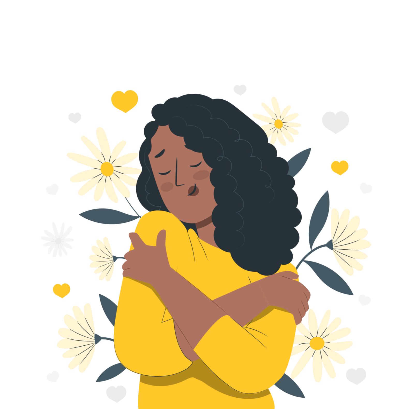 An illustration of a woman with curly black hair hugging herself with eyes closed, surrounded by white daisy flowers, wearing a yellow shirt, expressing joy or contentment.