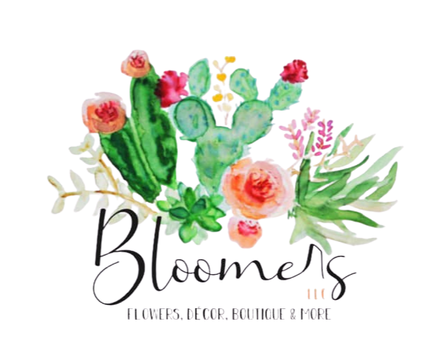 Arrangement of watercolor-style pink and orange flowers, green cacti, and leafy plants with the text "home" and smaller text below.