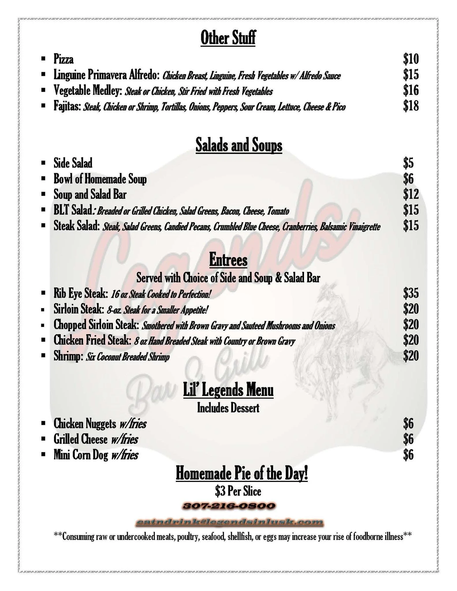 Menu with sections for Other Stuff, Salads and Soups, Entrees, Lil' Legends Menu, and Homemade Pie of the Day, with various food dishes and prices.