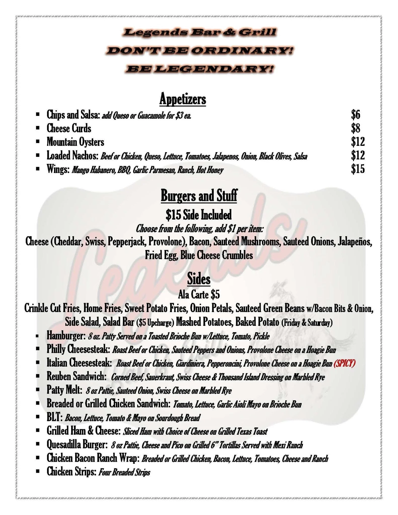Menu for Legends Bar & Grill listing appetizers, burgers, and sides with prices, including chips and salsa, cheese curds, mountain oysters, loaded nachos, wings, various burgers, sides, and sandwiches.
