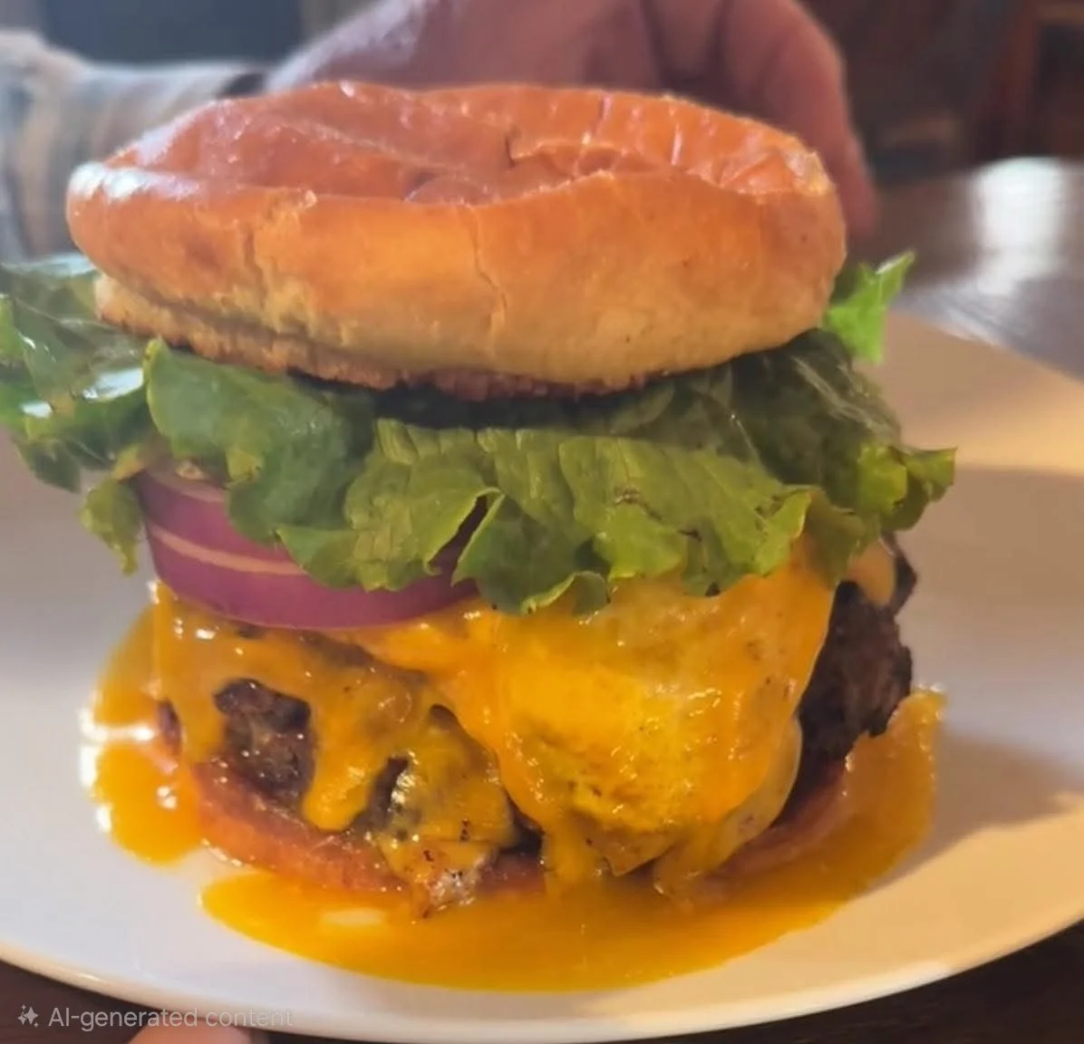 A burger with a toasted bun, lettuce, tomato, red onion, melted cheddar cheese, a beef patty, and a top bun.