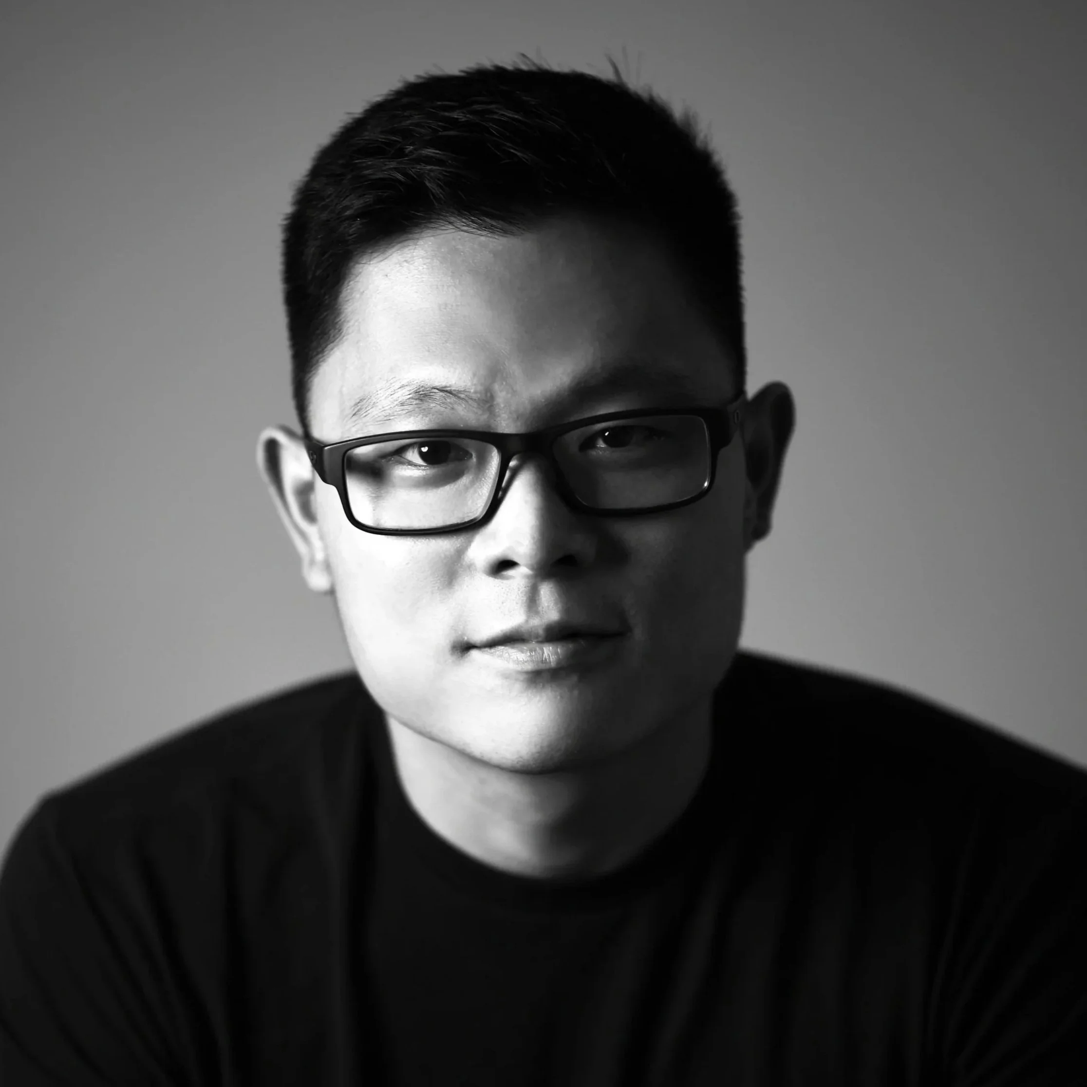 Black and white portrait of a young Asian man with short hair, wearing glasses, looking directly at the camera with a neutral expression.