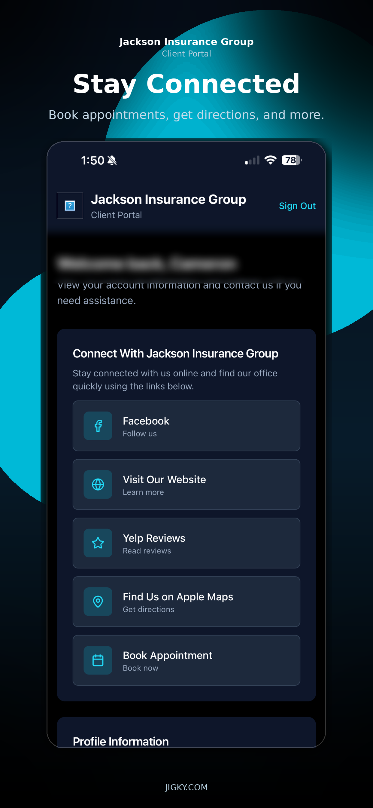 Mobile app screen of Jackson Insurance Group's client portal showing options to connect via Facebook, visit website, read Yelp reviews, find on Apple Maps, and book an appointment.