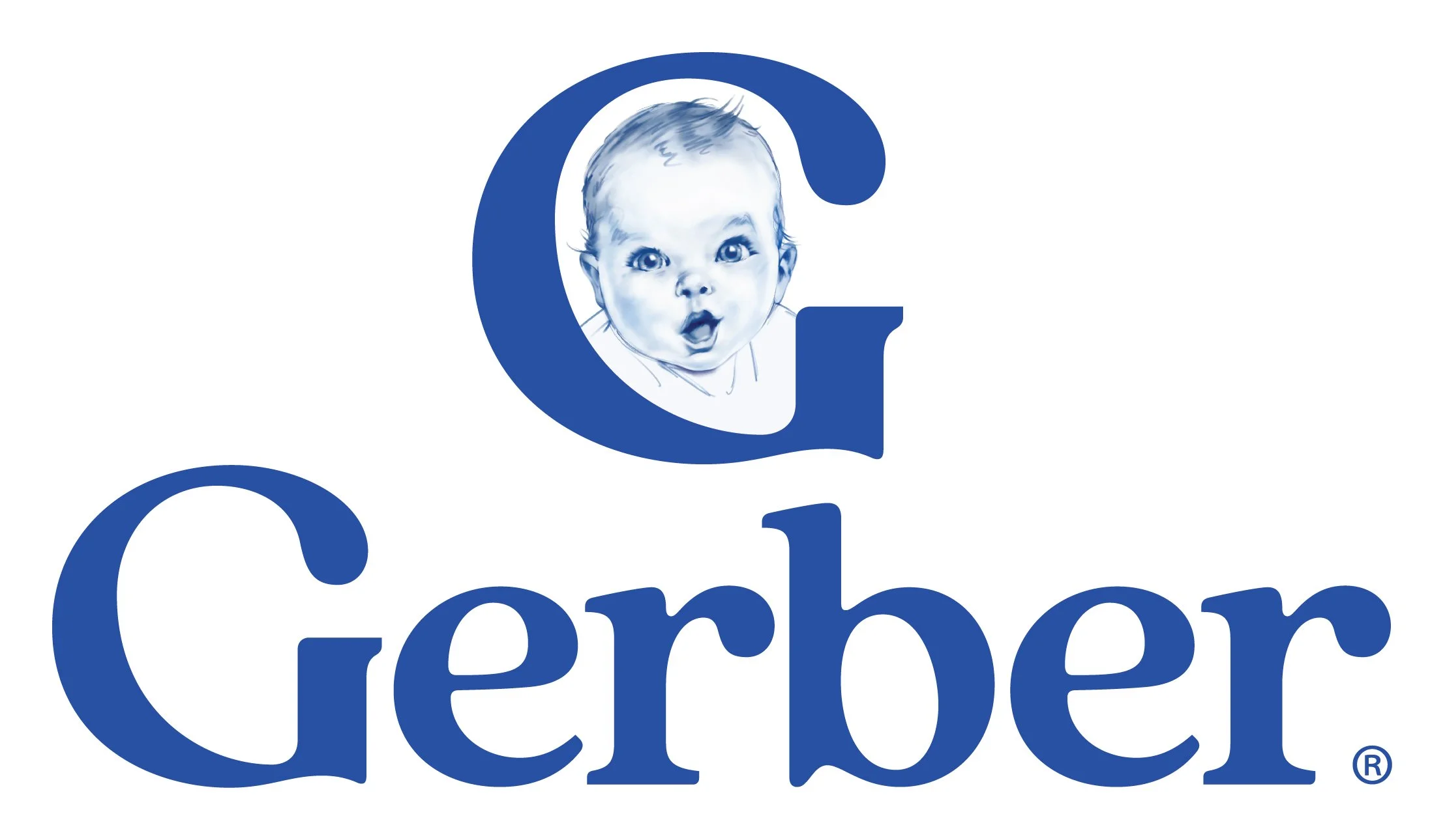 Gerber logo with a blue large letter G and a baby's face inside the G, with the word 'Gerber' written below in blue.