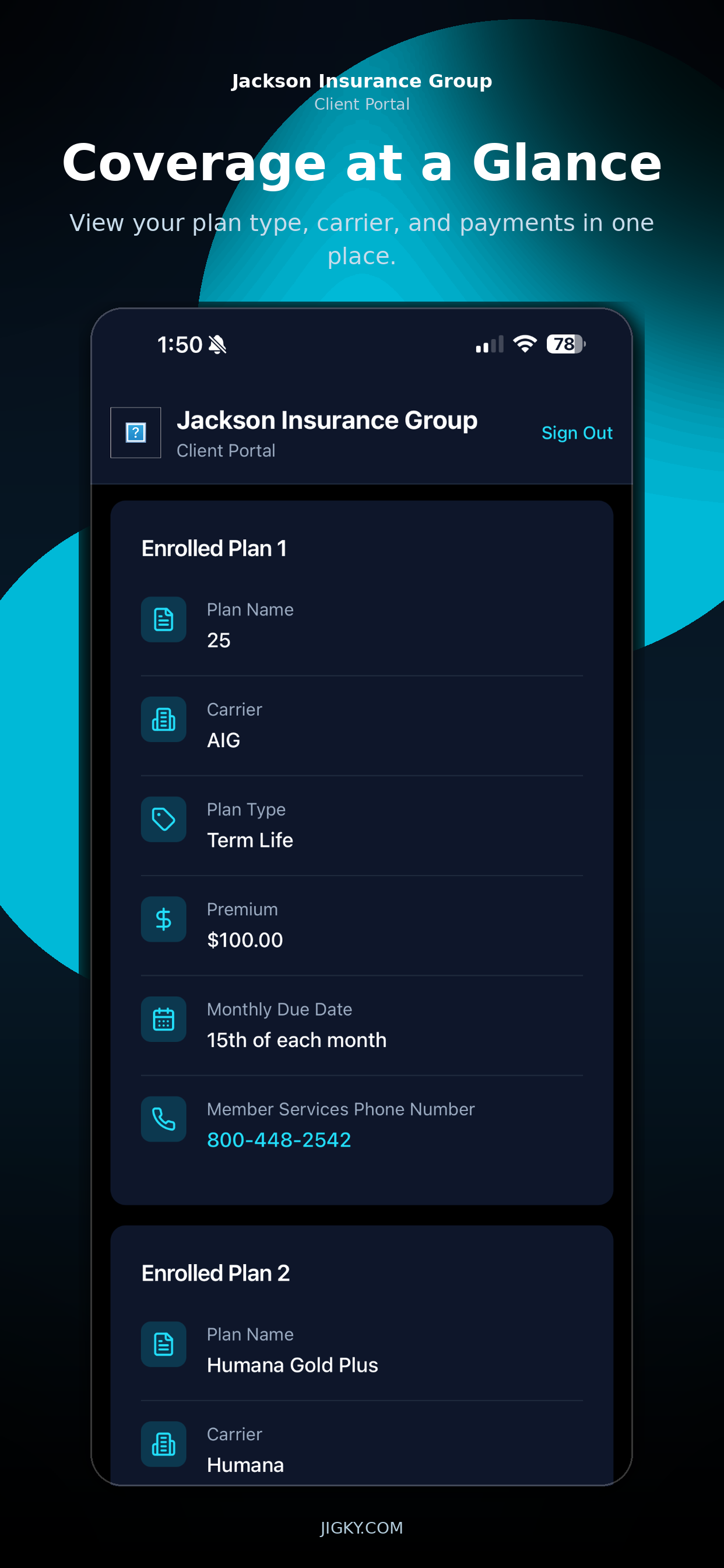 Screenshot of the Jackson Insurance Group client portal showing details of two insurance plans, including plan name, carrier, plan type, premium, due date, and contact number.