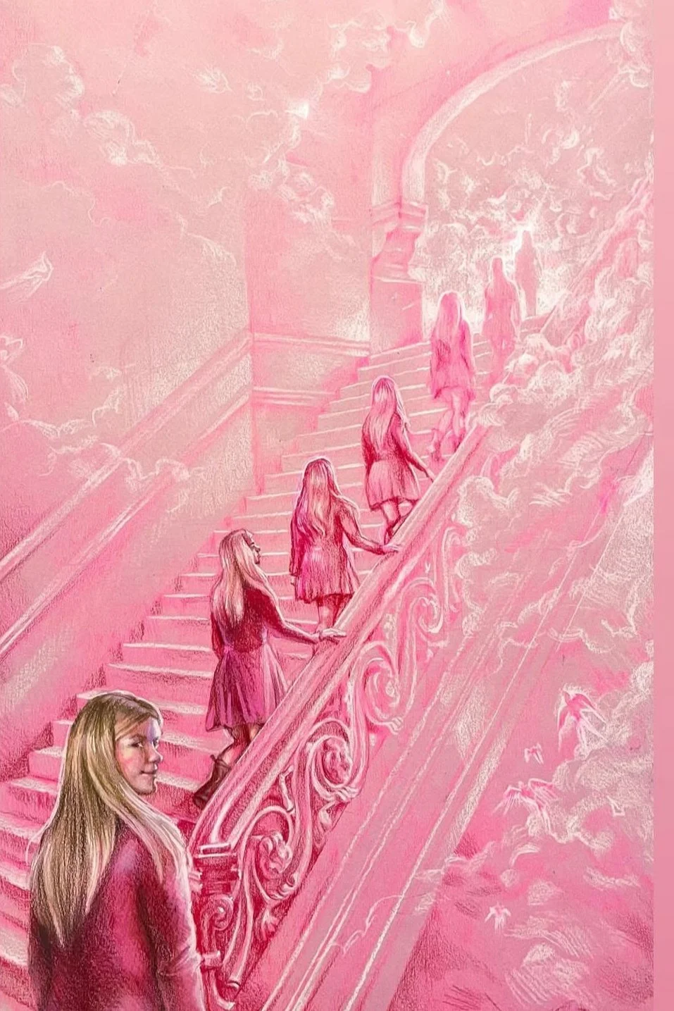 Pink illustration of a girl with long blonde hair ascending a grand staircase, accompanied by other girls, with angels and clouds surrounding the scene.