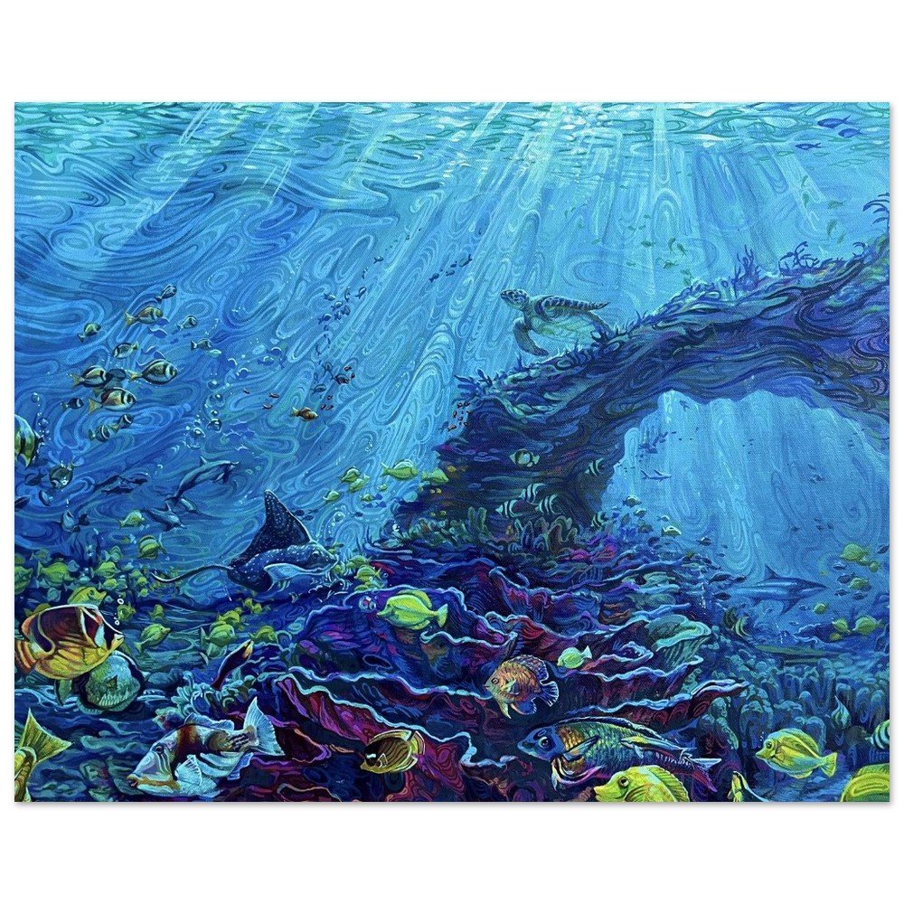 Underwater scene with colorful fish, coral, and a sea turtle near a submerged tree branch, sunlight filtering through the water.