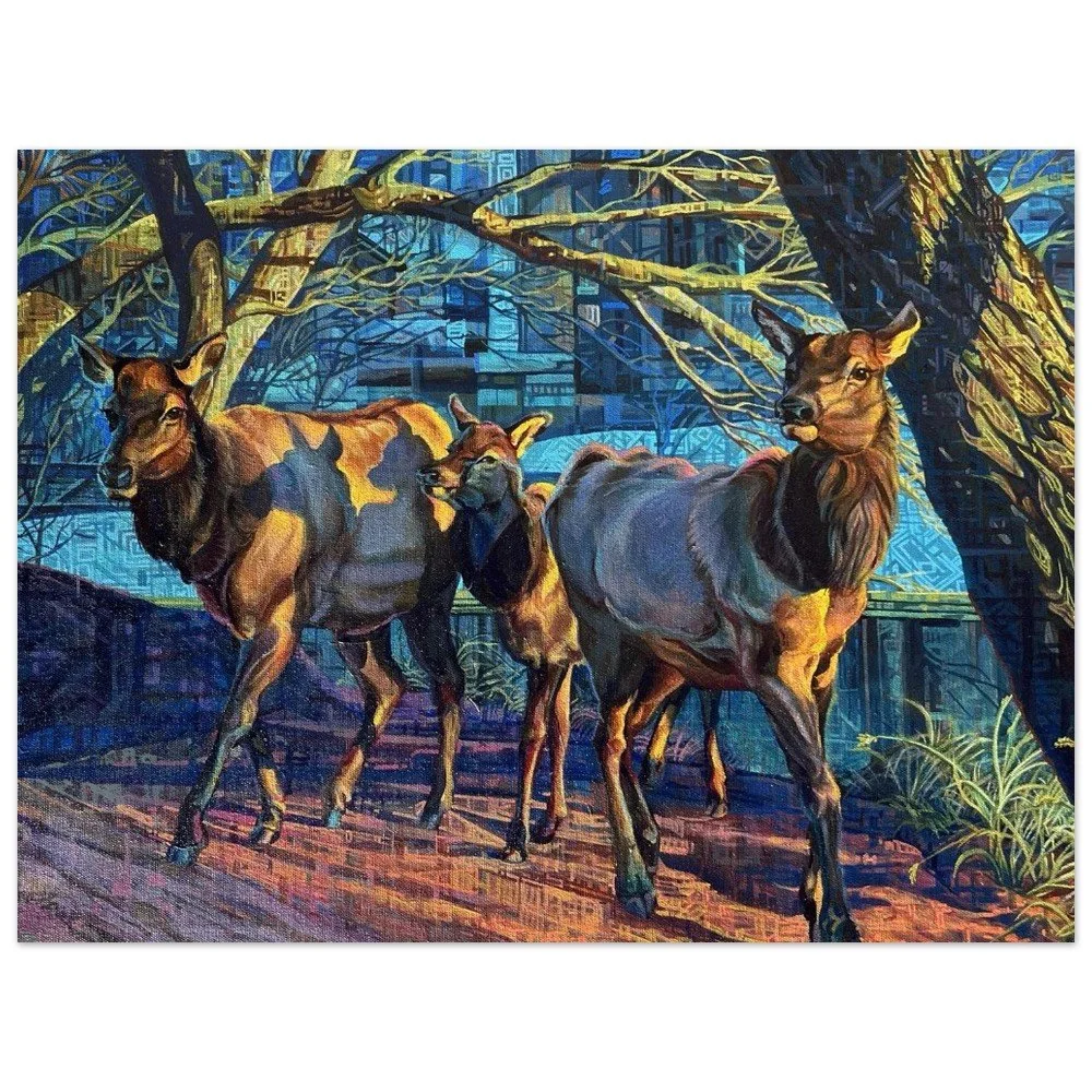 A painting of four deer walking through a forest with trees and urban buildings in the background.