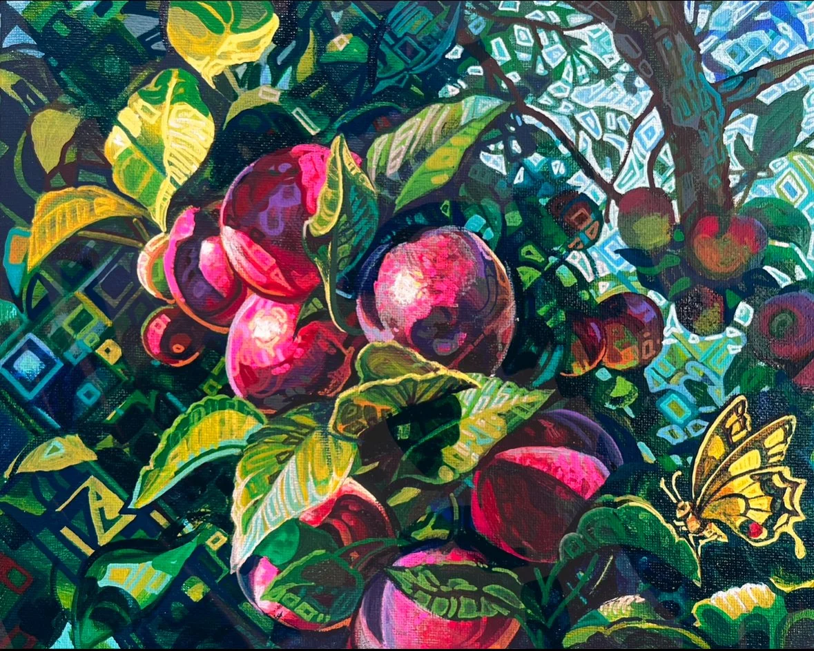 Colorful painting of apples on a branch with green leaves and a butterfly.