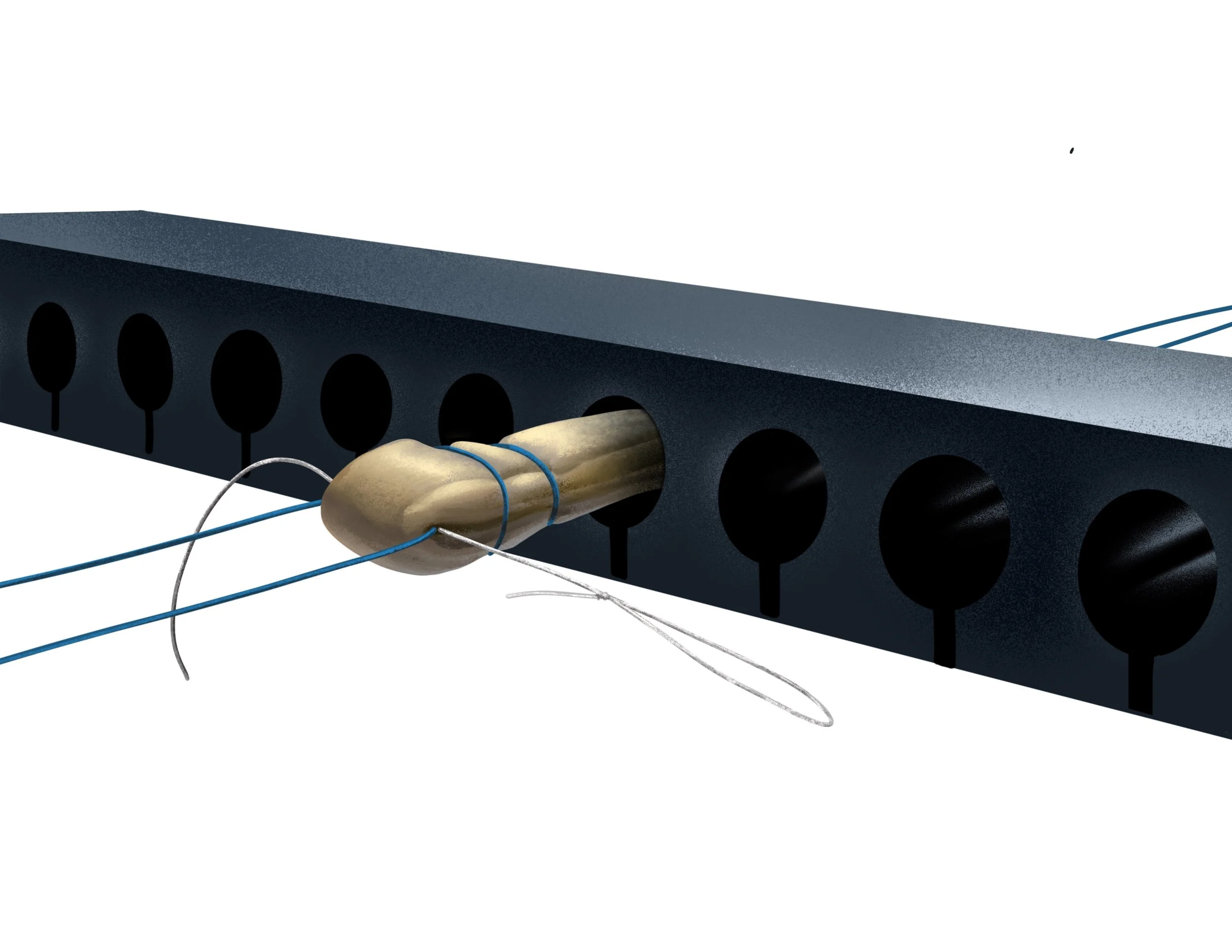 Close-up of a scientific or medical instrument with a cylindrical, metallic component connected to several thin, colored wires, resting on a black perforated surface.