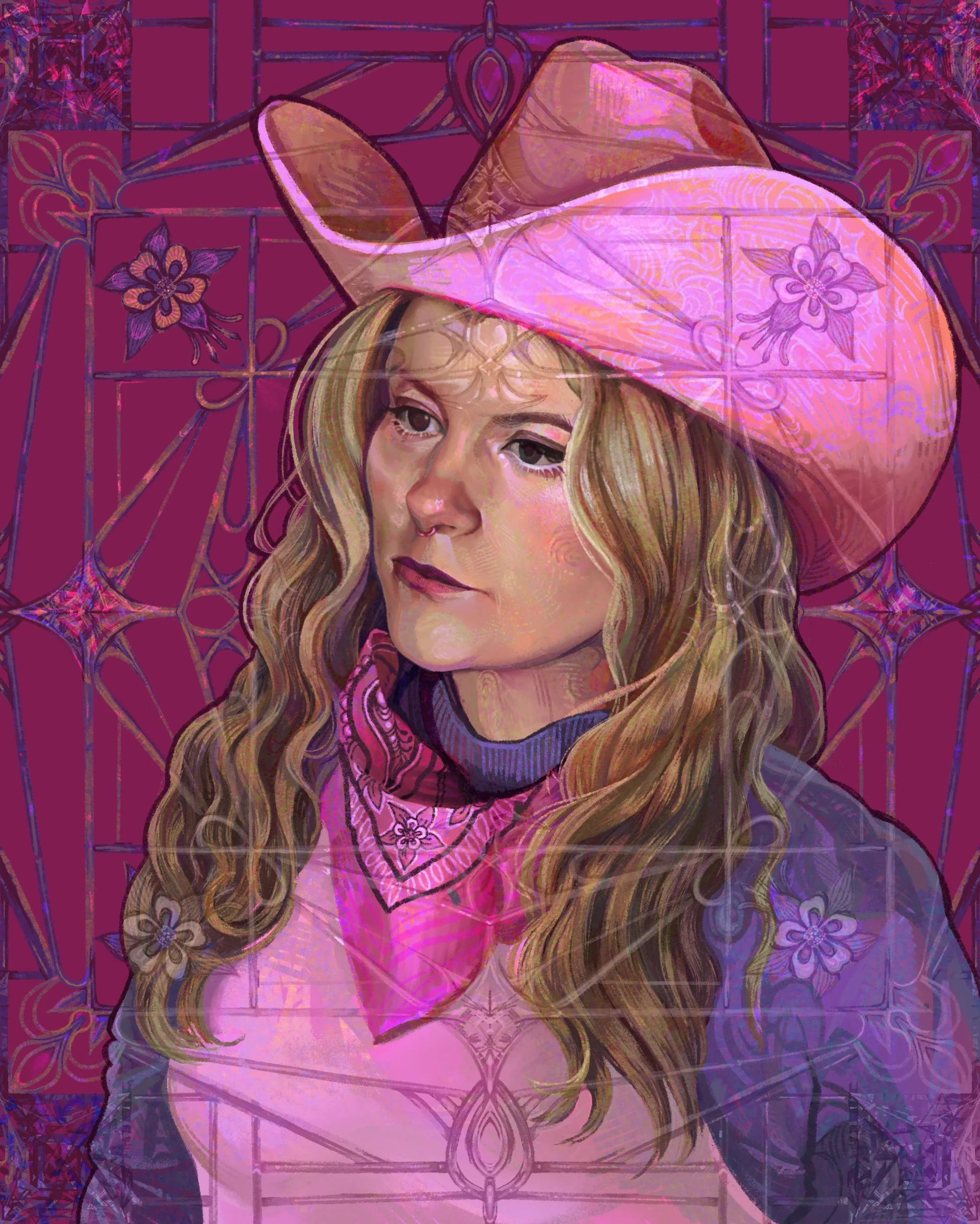 A stylized digital illustration of a woman wearing a large pink cowboy hat, with long wavy blonde hair, a bandana around her neck, and a serious expression, set against a purple background with floral and geometric patterns.