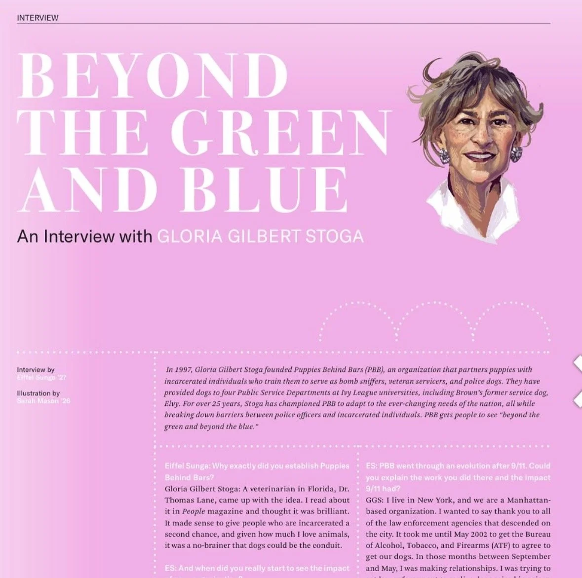 Illustration of Gloria Gilbert Stoga on pink background with large white text reading 'Beyond the Green and Blue' and smaller black text with interview details.