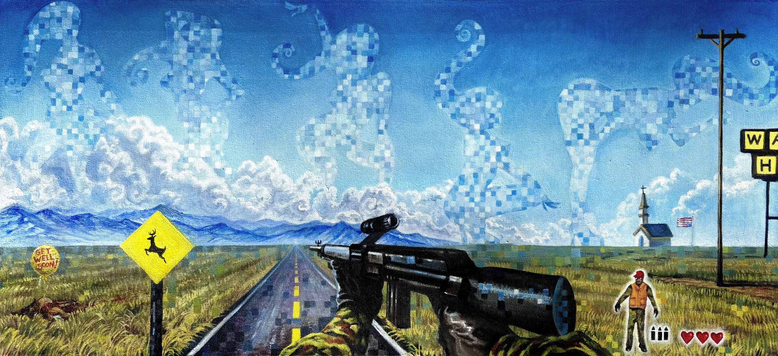 A pixel art style painting depicting a person in military camouflage holding a firearm in a rural landscape. There is a yellow deer crossing sign, a balloon with 