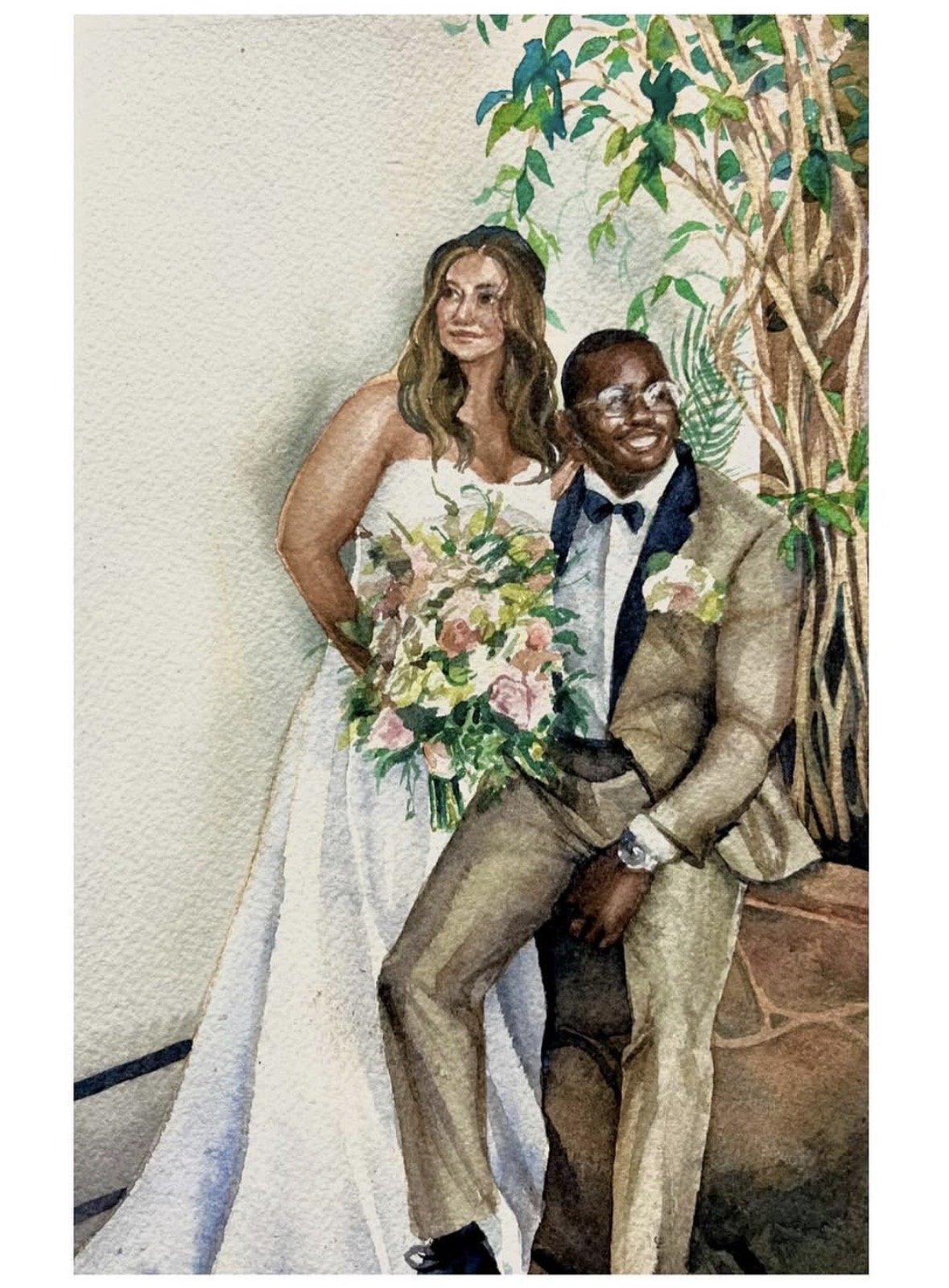 Watercolor painting of a bride and groom posing together. The bride has long, wavy hair and wears a white wedding dress while holding a bouquet of pink and white flowers. The groom wears glasses, a tan suit, and a dark bow tie, and has a wristwatch. 