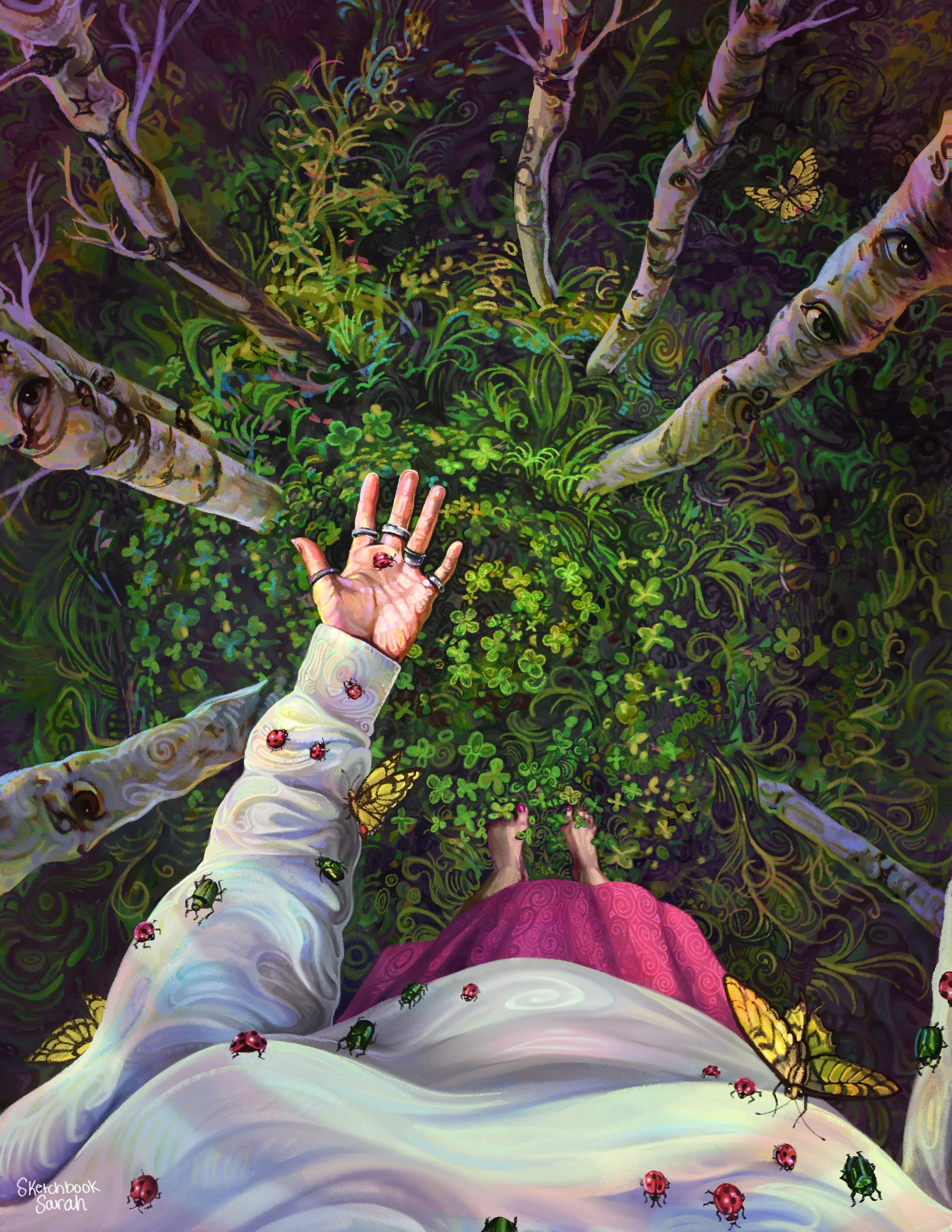 Top-down view of a person standing among tall trees and green foliage, with a hand reaching up, surrounded by insects including ladybugs, green bugs, and yellow butterflies.
