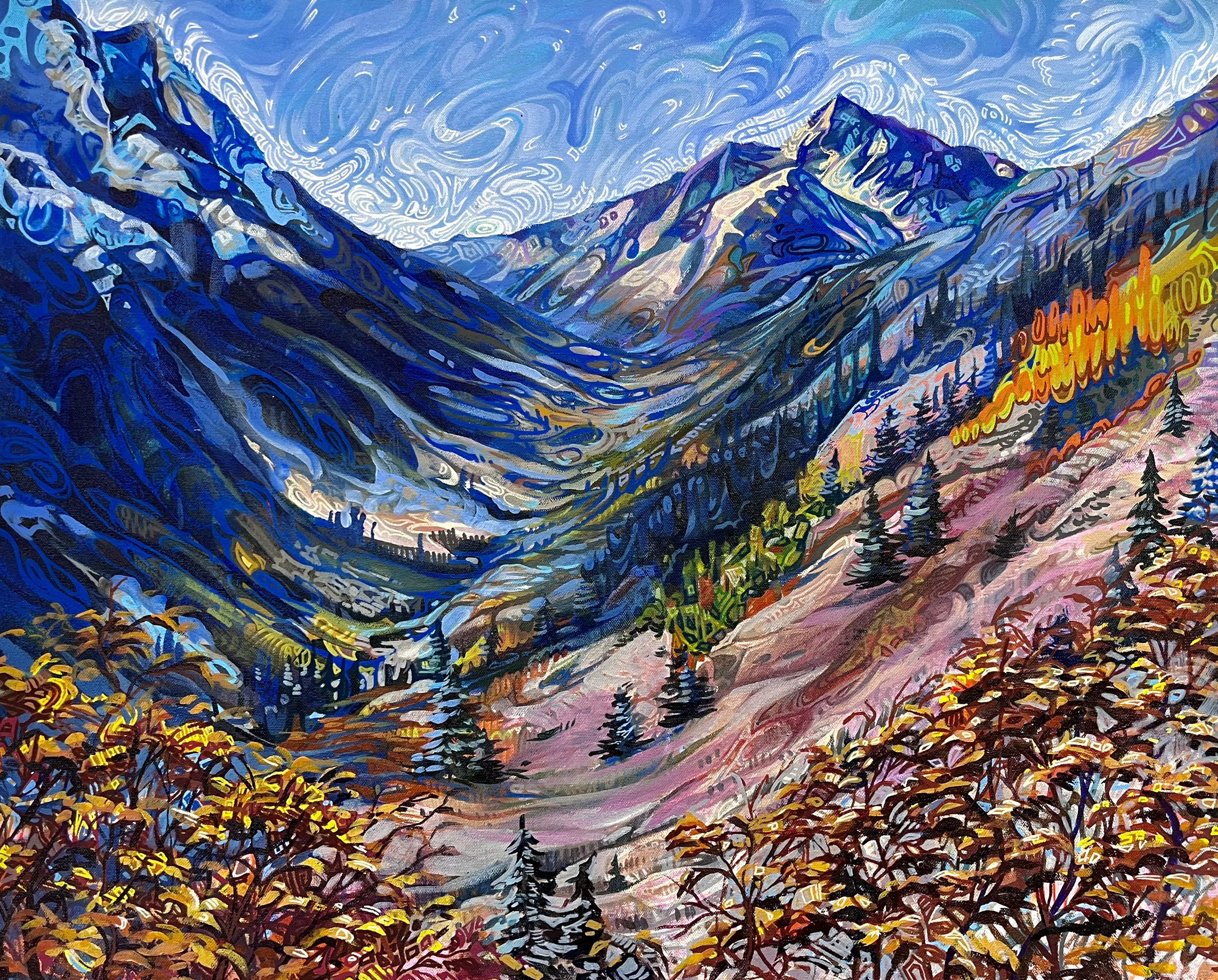 A colorful, abstract painting of a mountain landscape with snow-capped peaks, green trees, and a blue sky with swirling patterns, surrounded by autumnal foliage.