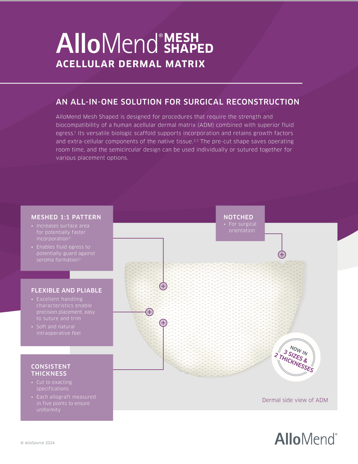 Package of AlloMend Mesh Shaped Acellular Dermal Matrix for surgical reconstruction, with a diagram showing features like meshed pattern, notch for surgical orientation, flexible and pliable texture, and consistent thickness, available in three sizes