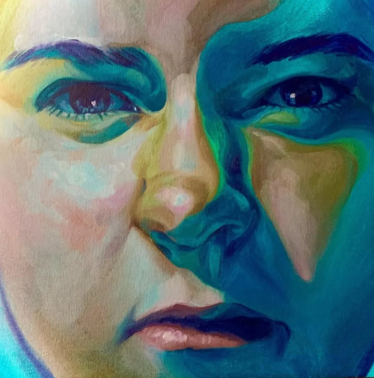 Close-up of a colorful abstract painting of a person's face, focusing on the eyes, nose, and lips, with vibrant blues, greens, and pinks.