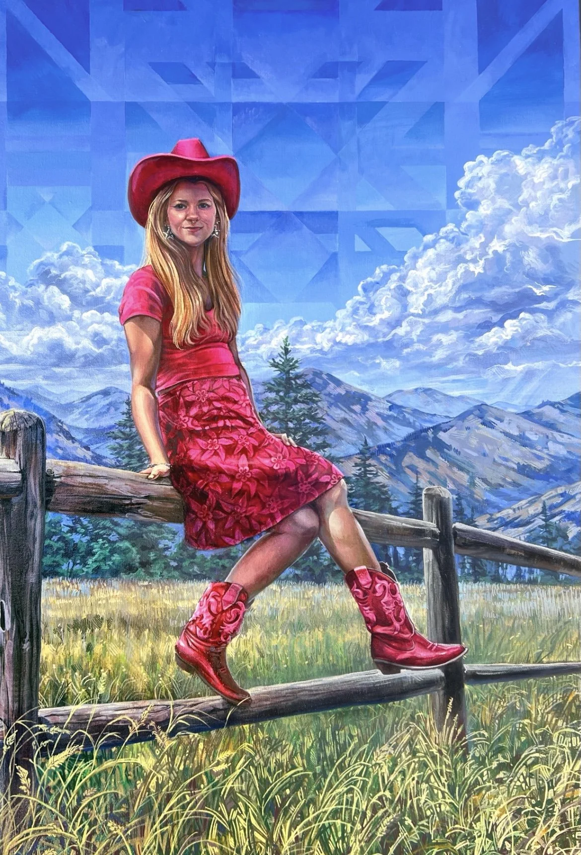 Painting of a woman sitting on a wooden fence in a mountainous landscape with trees and cloudy sky, wearing a red cowboy hat, a pink shirt, a pink floral skirt, and matching cowboy boots.