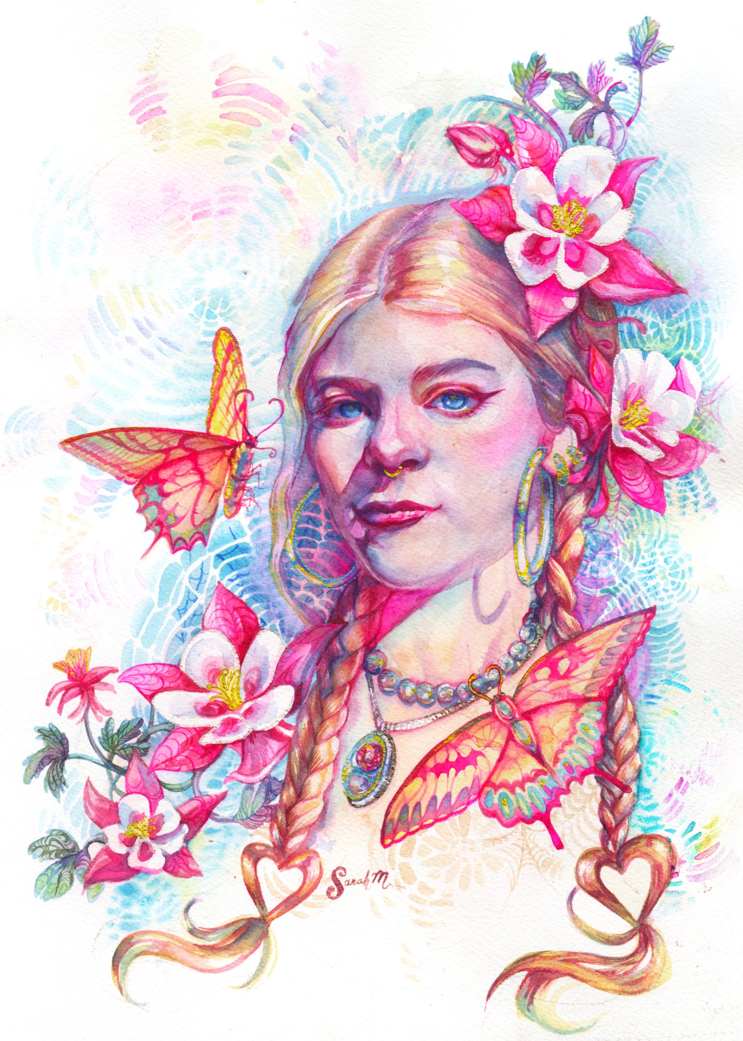 Watercolor painting of a woman with blonde hair styled in braids, surrounded by pink flowers, butterflies, and vibrant colors, with a dreamy background.