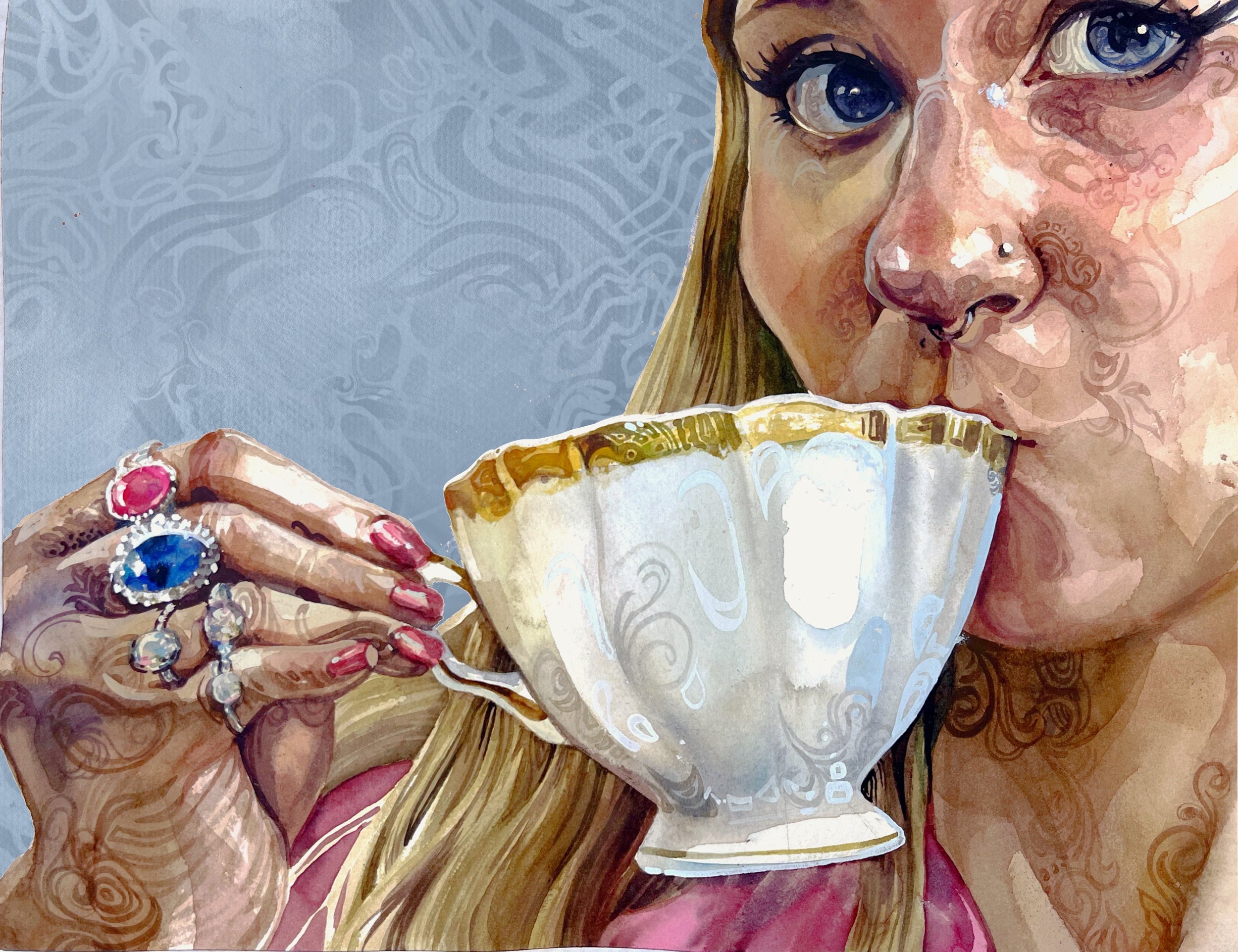 A woman with long blonde hair, blue eyes, and multiple rings on her fingers, is drinking from a decorative teacup with a gold rim.