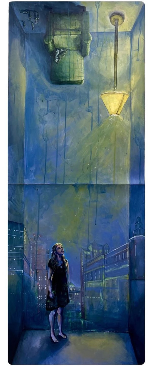 A surreal painting of a young girl standing in a city alley at night, looking up at the ceiling which has an upside-down green armchair, a small black-and-white cat climbing the chair, and a hanging yellow light casting a warm glow. The scene is pain