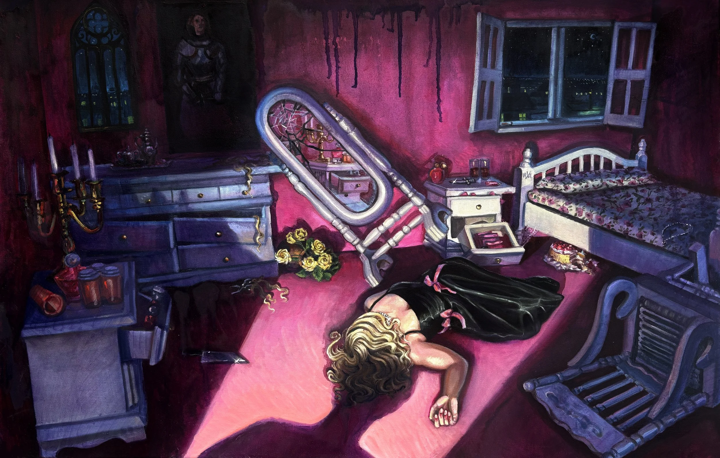 A painting of a cluttered bedroom at night with pink walls and an open window showing a starry sky. There is a woman lying face down on the pink carpet, wearing a black dress with pink ribbons. The room contains a white bed with a floral blanket, an 