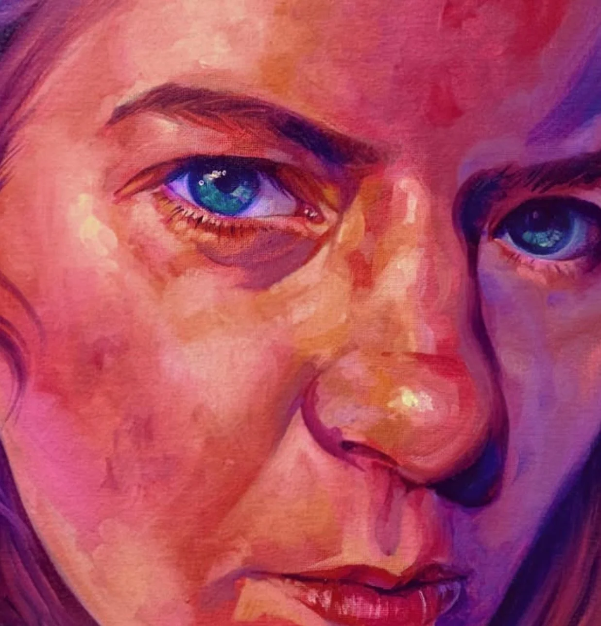 Close-up of a digital painting of a woman's face with vibrant colors, focusing on her intense blue eyes, arched eyebrows, and slightly parted lips.