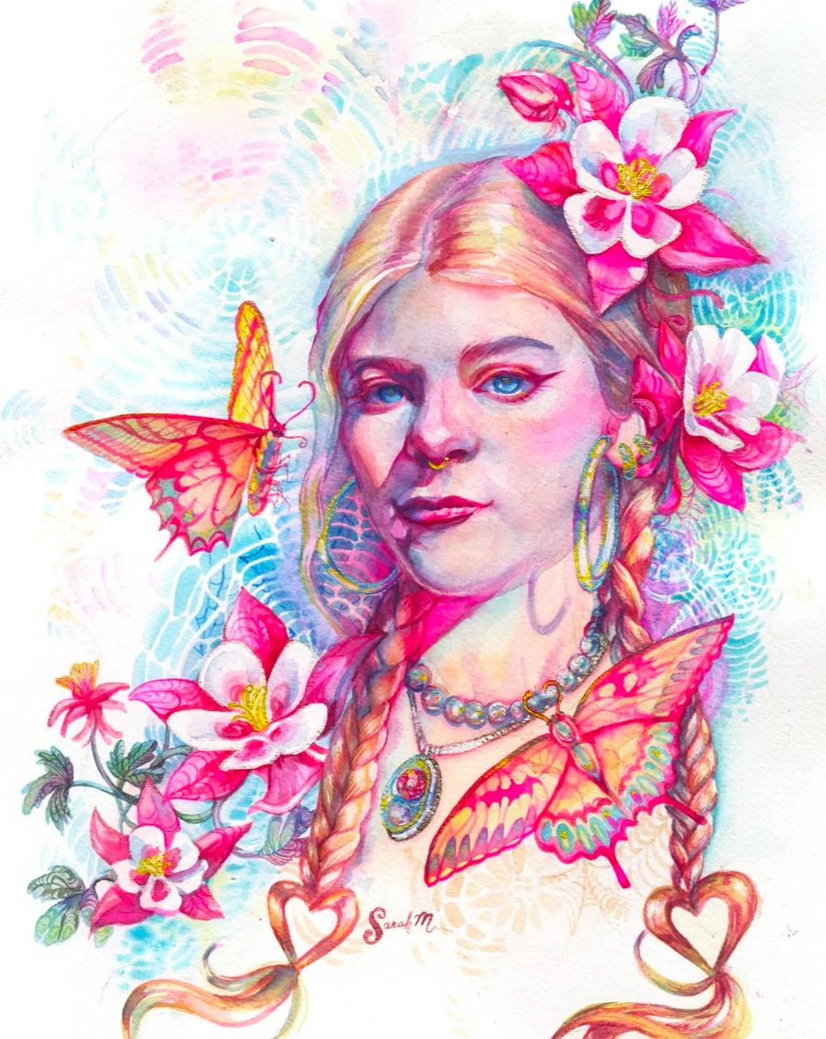 Colorful watercolor portrait of a woman with braided hair, blue eyes, and facial piercings, surrounded by pink flowers, orange butterflies, and vibrant patterns.