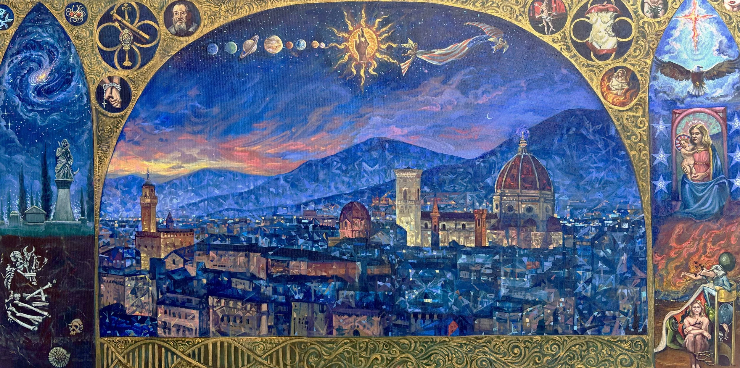 A colorful mural of the city of Florence, Italy, at sunset, featuring historic buildings, mountains, and a decorative gold border adorned with religious and celestial imagery.