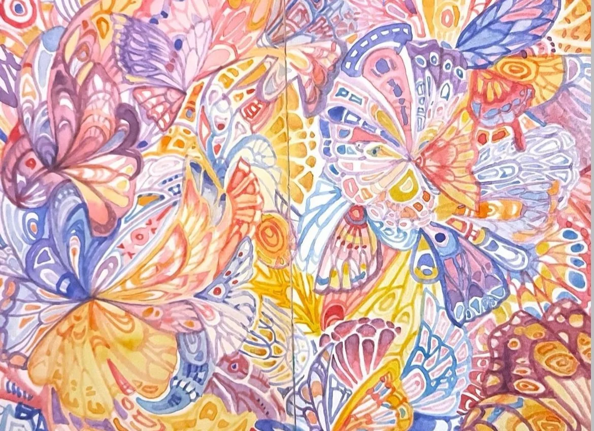 Colorful illustration of various butterflies with intricate and vibrant patterns in shades of pink, purple, yellow, blue, and orange.