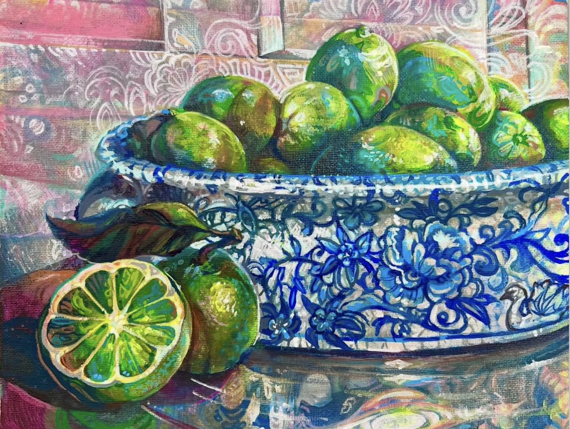 A vibrant painting of a bowl filled with green limes, with some limes outside the bowl on a colorful surface, and a halved lime showing its inside. The background features a decorative pattern with pink, white, and pastel colors.