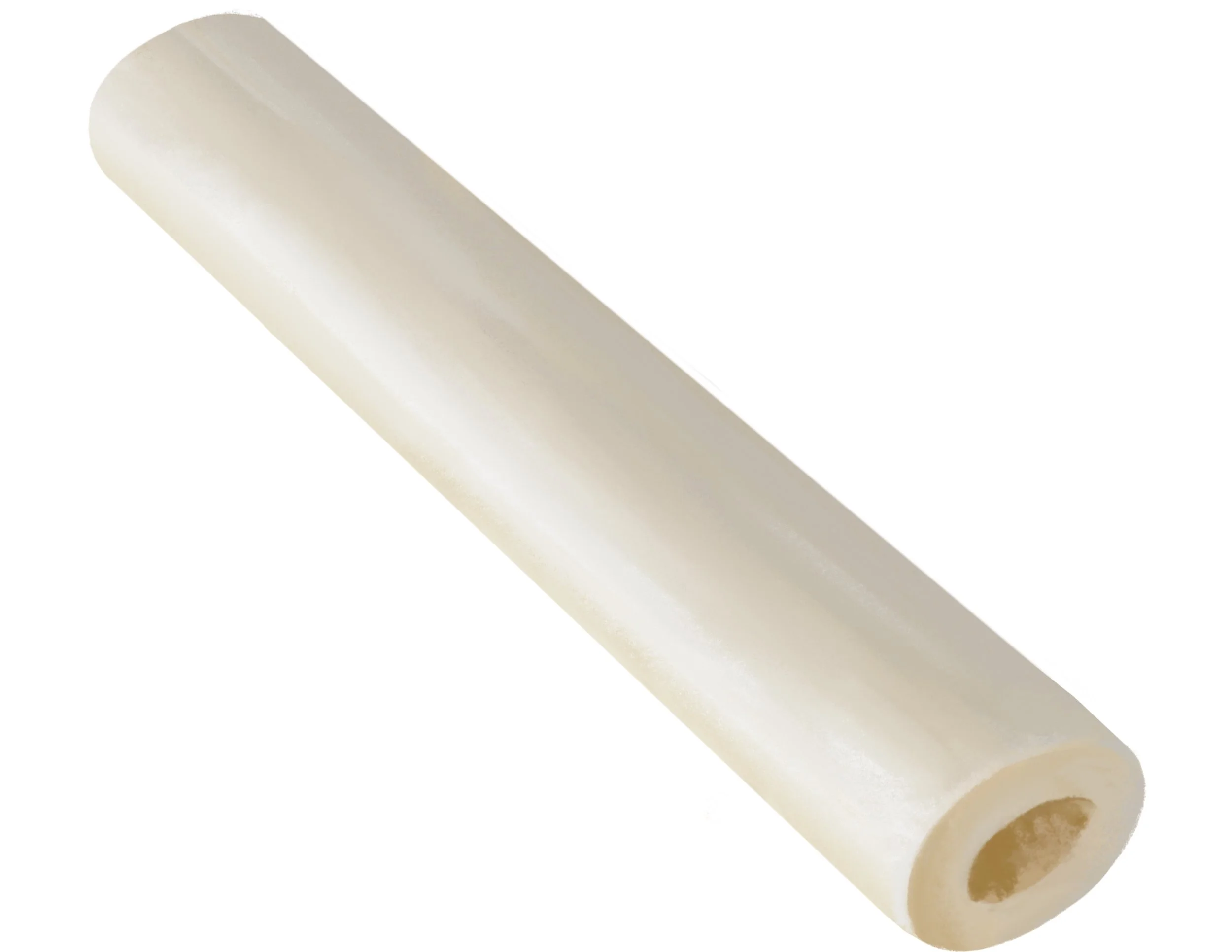 A white plastic cylindrical tube with hollow center, isolated on white background.
