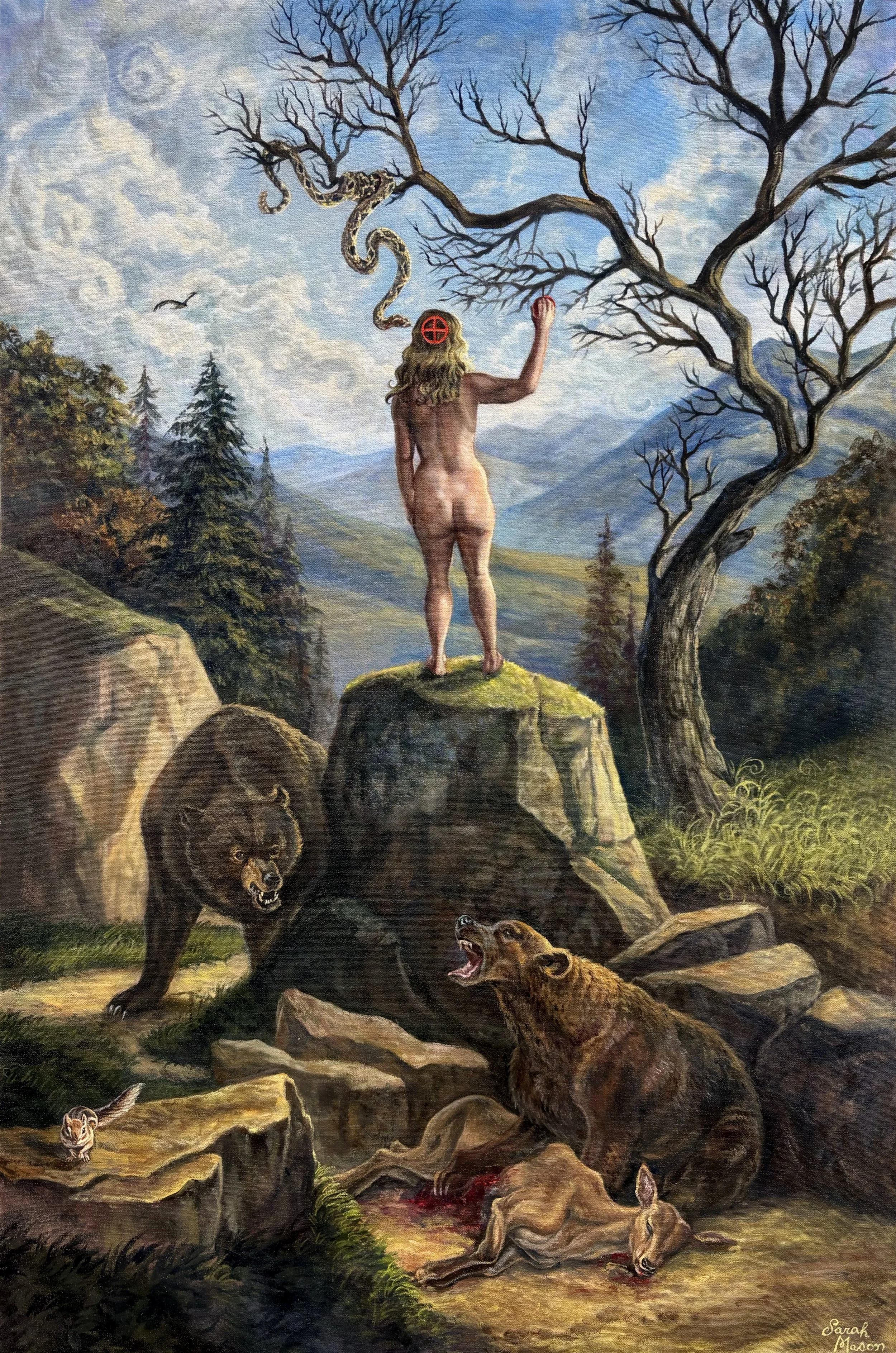 A painting of a naked woman standing on a rock in a mountainous forested landscape, with a red religious symbol on her face. Her back faces the viewer as she raises her right arm. A snake is hanging from the branches of a leafless tree nearby. Two be