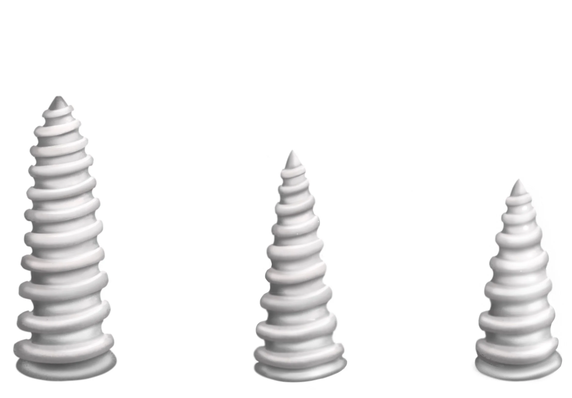 Three white spiral-shaped objects resembling screws or conical sculptures, set against a plain white background.