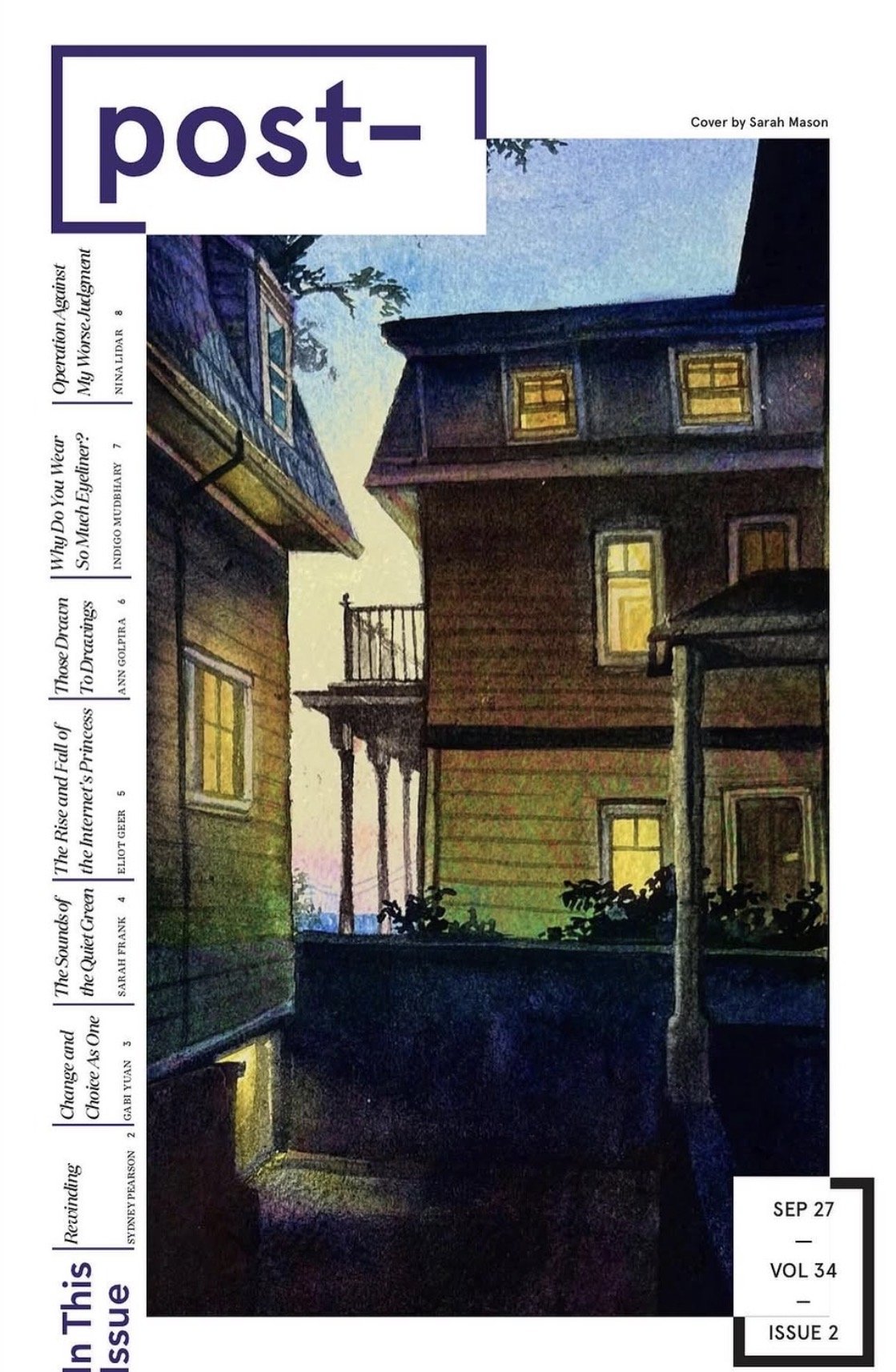 Illustration of a neighborhood scene showing two houses at dusk with illuminated windows, a small balcony, a streetlamp, and bushes in the foreground.