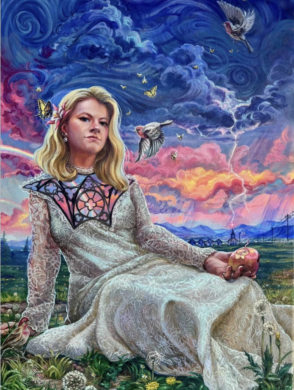 A woman with blonde hair in a lace dress sitting outdoors on grass, holding an apple with a bite taken out of it, under a colorful sky with clouds, lightning, and flying birds.