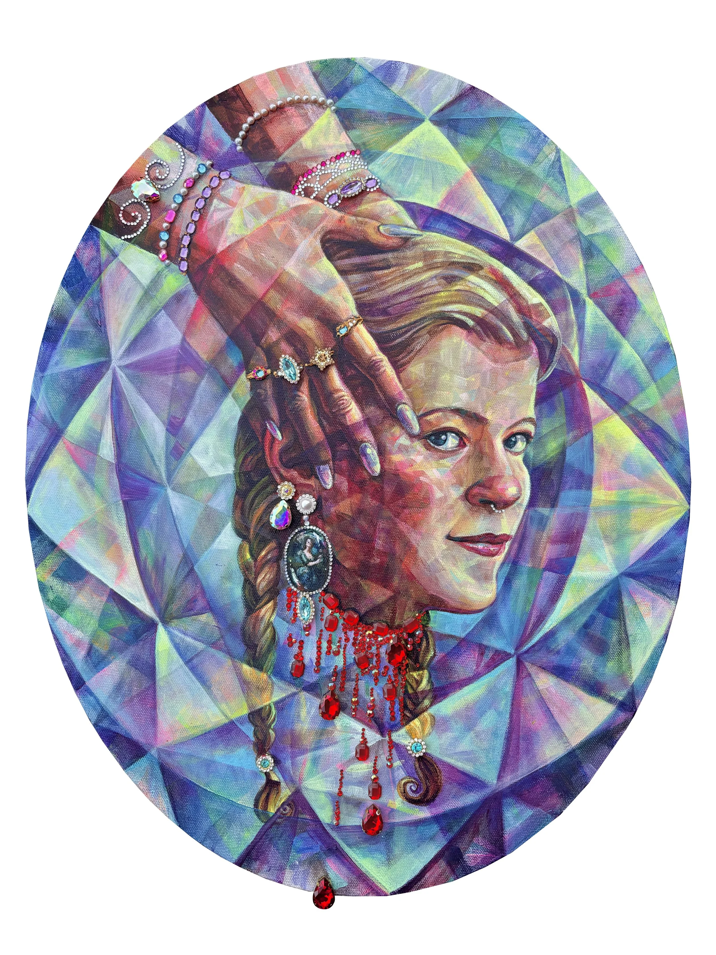 Painting of a woman with braided hair wearing jewelry, with one hand partially covering her face, set against a colorful geometric background.