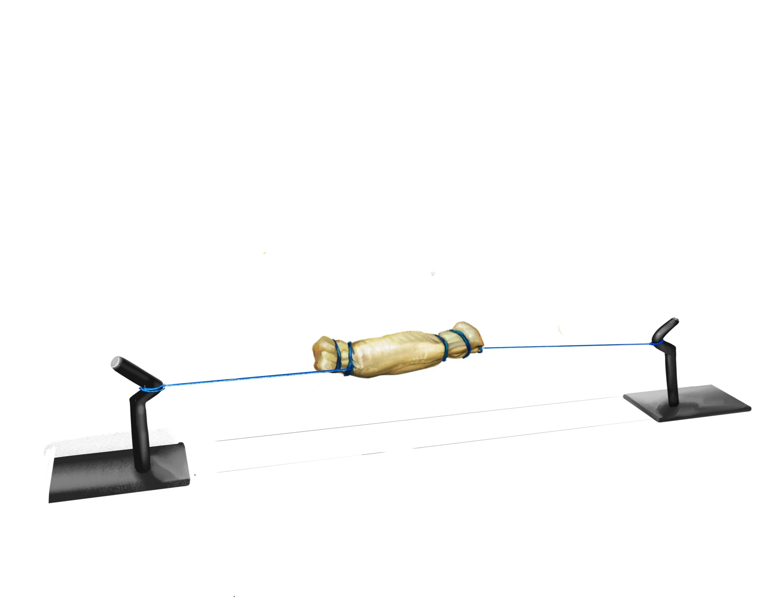 A small model of a sailboat with a beige sail, blue rigging, and black masts on a white background.