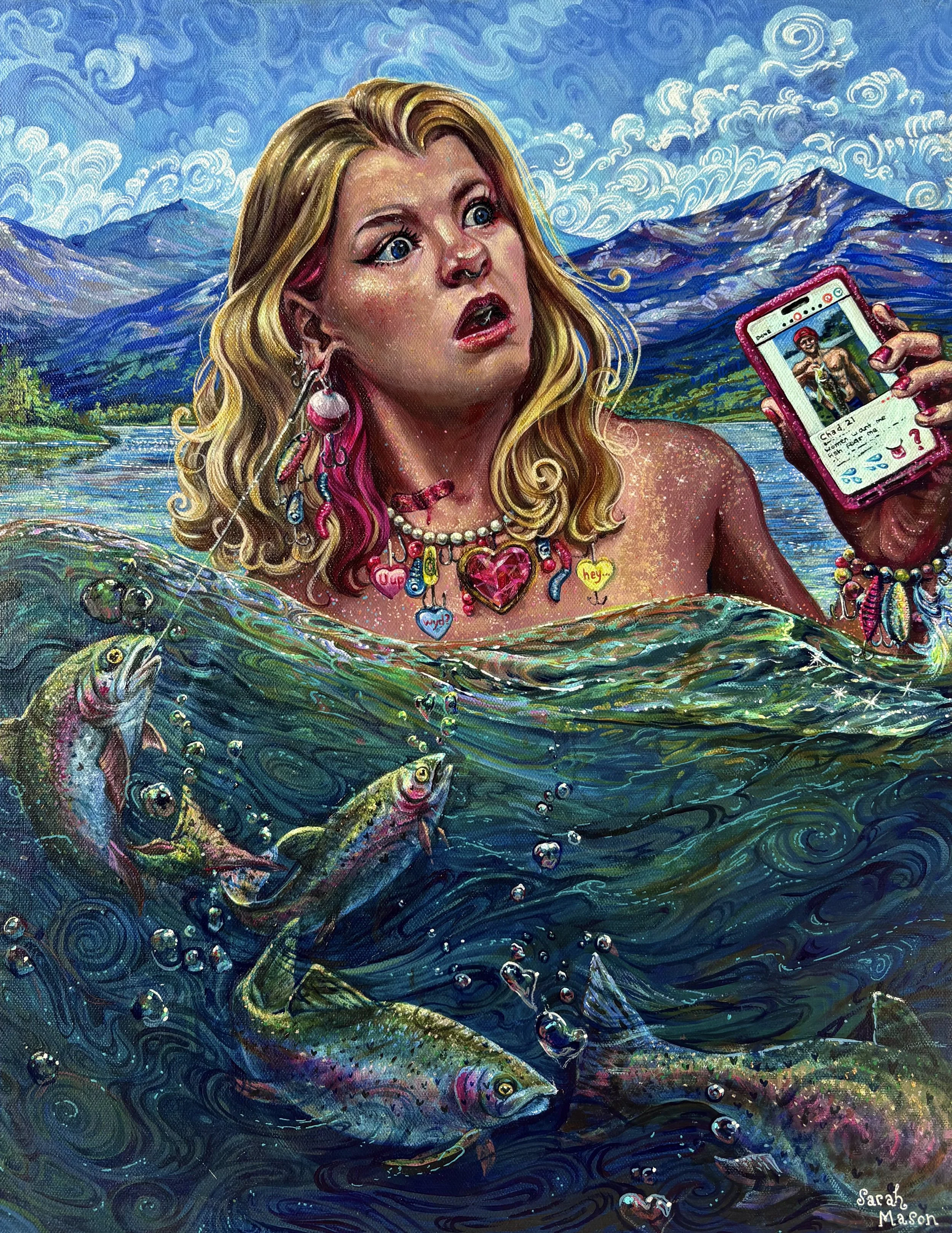 A colorful painting of a blonde woman with pink streaks, jewelry, and a surprised expression, partially submerged in water with fish, holding a phone showing her selfie, against a mountain and sky background.