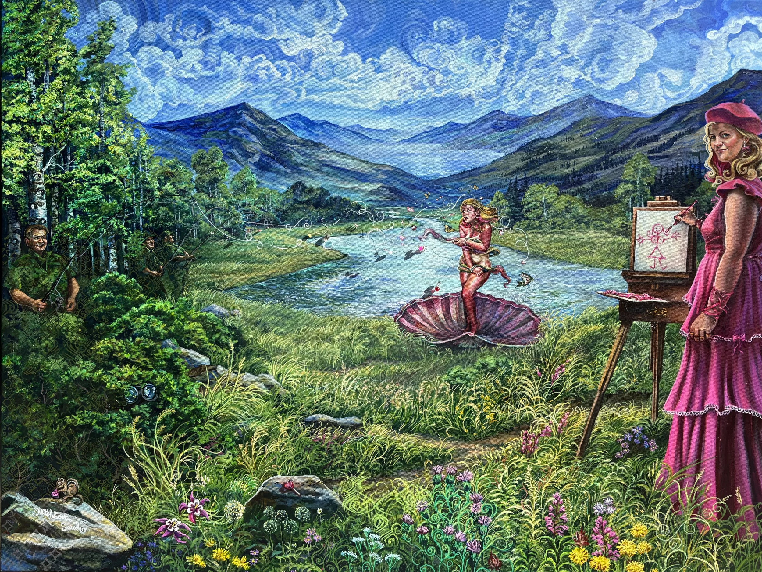 A colorful painting depicting a whimsical scene in a lush green landscape with mountains and a river in the background. In the center, a fairy-like woman with wings and a shell skirt is standing on a large shell, with butterflies around her. To the r