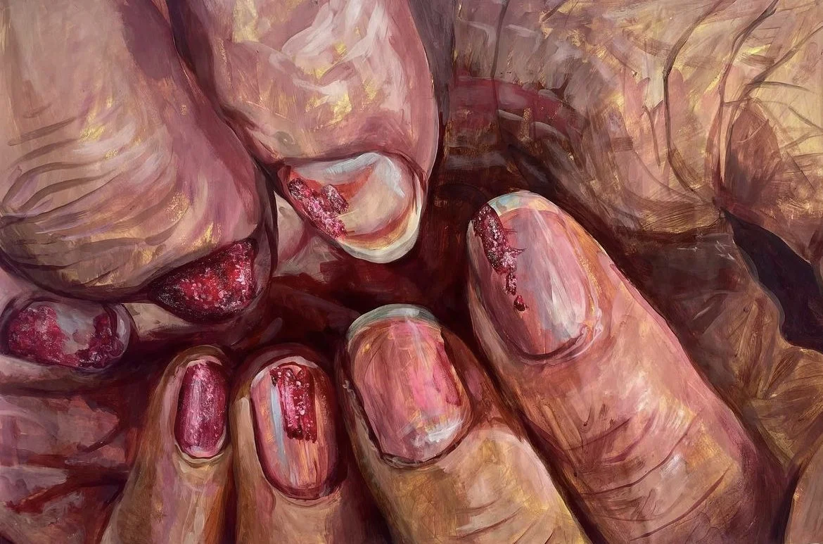 A close-up painting of five fingers with red and pink nail polish, some of which is chipped, and blood at the tips of the fingers and nails.