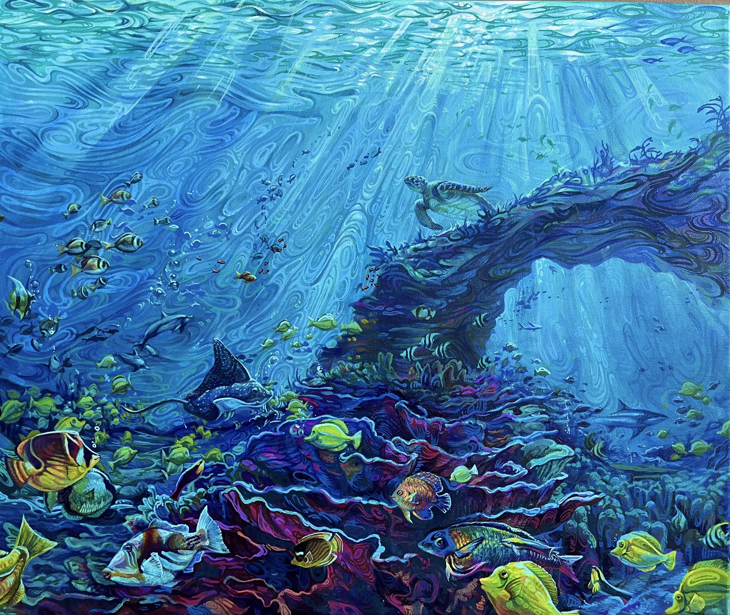 Digital artwork of an underwater scene with various colorful fish, a small shark, and a turtle near a coral reef on the ocean floor, illuminated by sunlight filtering through the water.