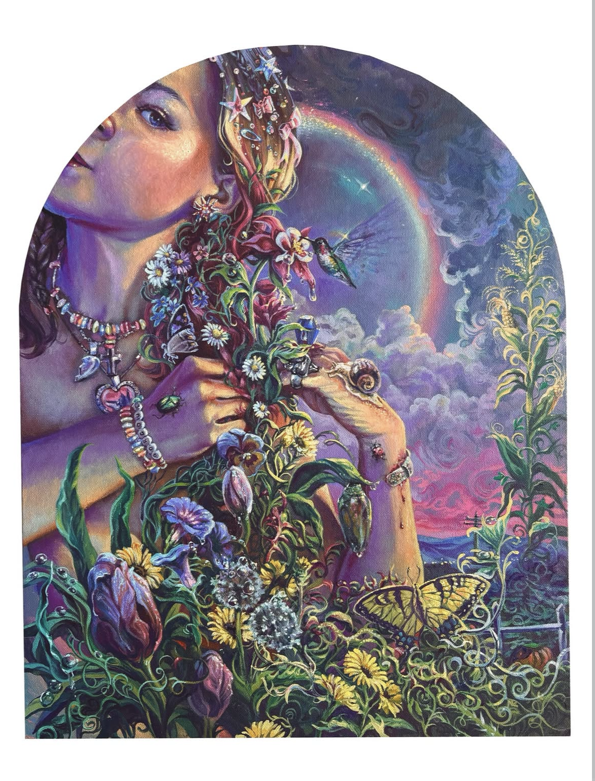 A colorful painting of a woman with long hair adorned with flowers and jewelry, holding a bunch of flowers and a shell, with a rainbow and cloudy sky in the background, surrounded by butterflies, bees, and various plants.
