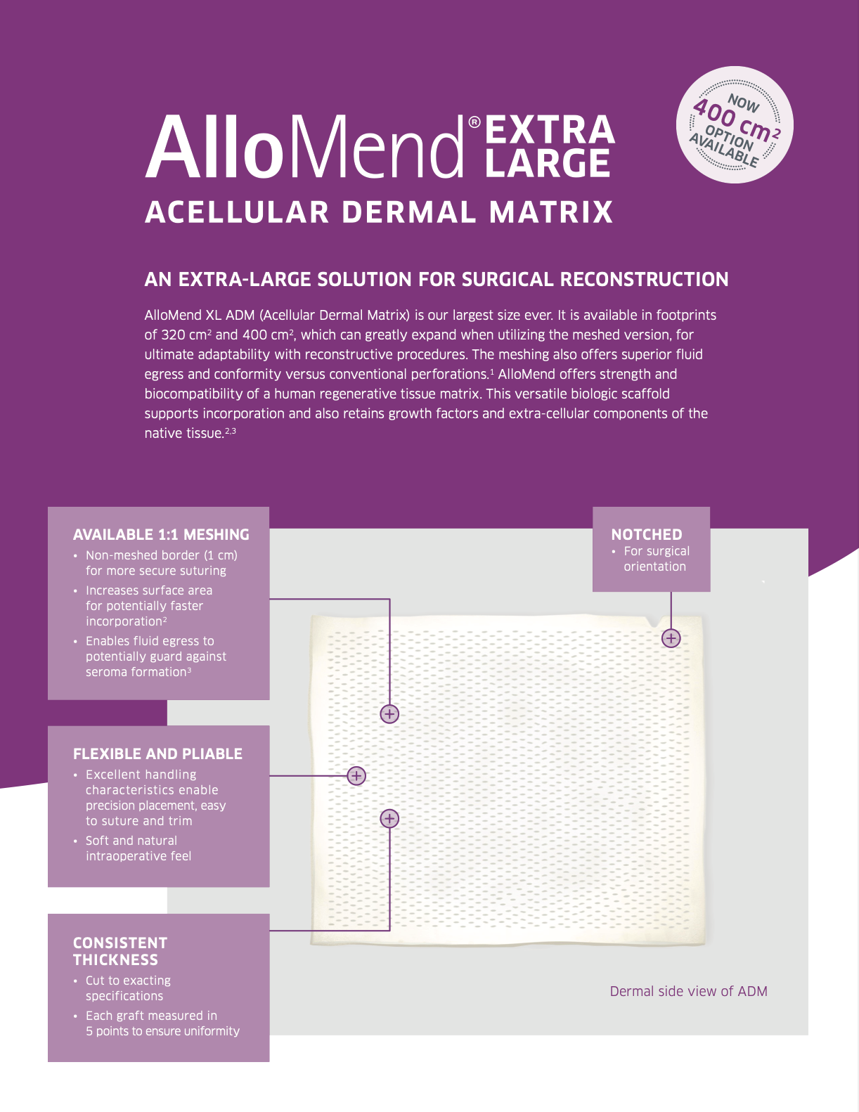 Packaging for AlloMend Extra Large Acellular Dermal Matrix, a surgical reconstructive product, with purple background and detailed product information, including features like mesh options, handling characteristics, and thickness consistency.