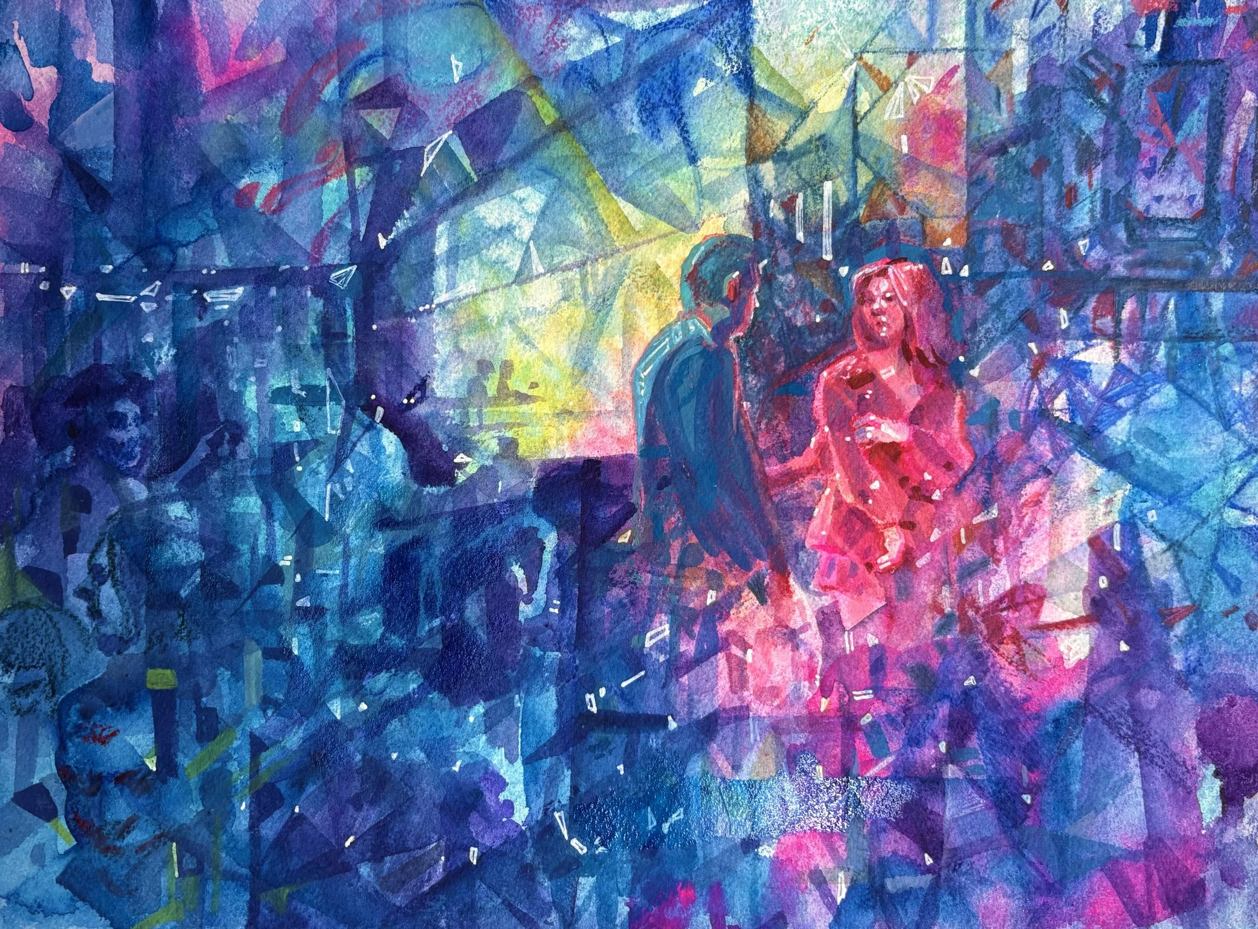 Watercolor painting of a crowded dance floor with a man and woman in the center, the man in a dark suit and the woman in a pink dress, surrounded by colorful abstract shapes and silhouettes of other people dancing.