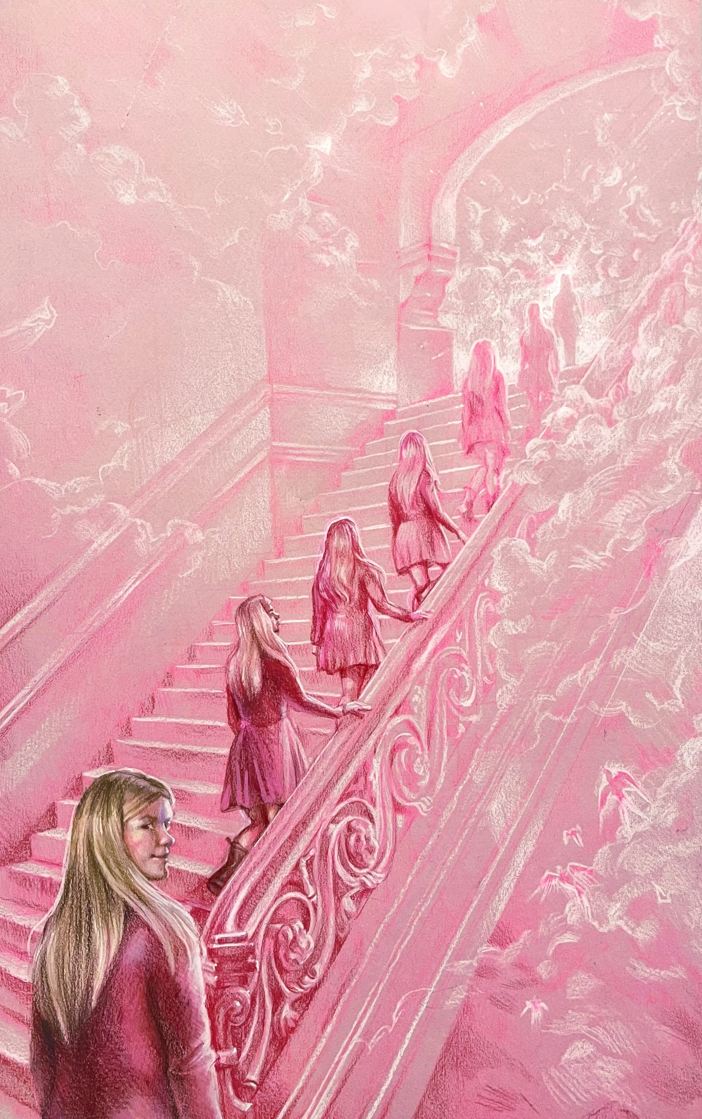 A woman with long blonde hair in a maroon jacket is standing at the bottom of a pink staircase, looking to the side. Several women with long hair in dresses are walking up the stairs, which are surrounded by clouds of pink and white, giving a dreamy,